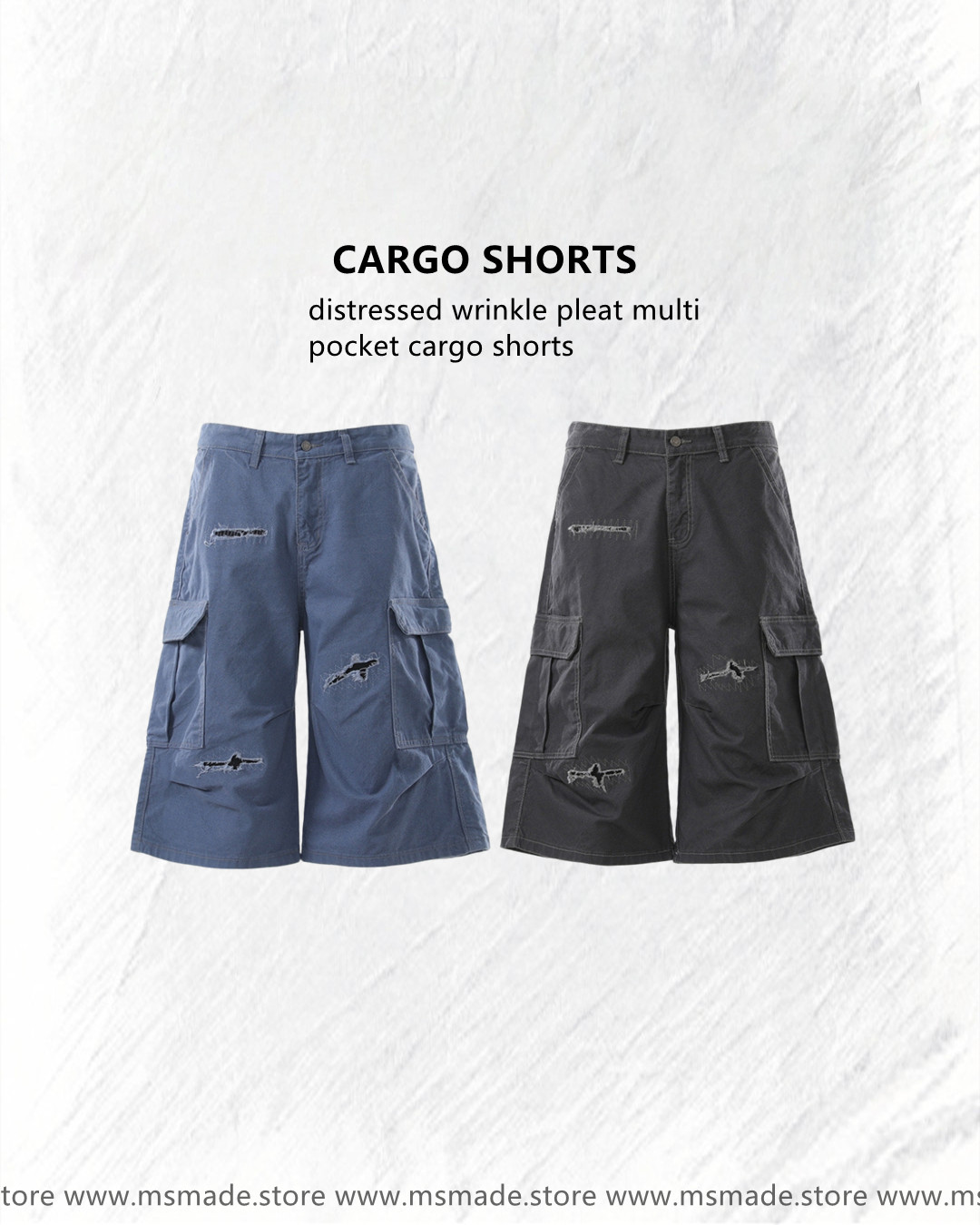 M312破洞皺褶多袋工裝短褲