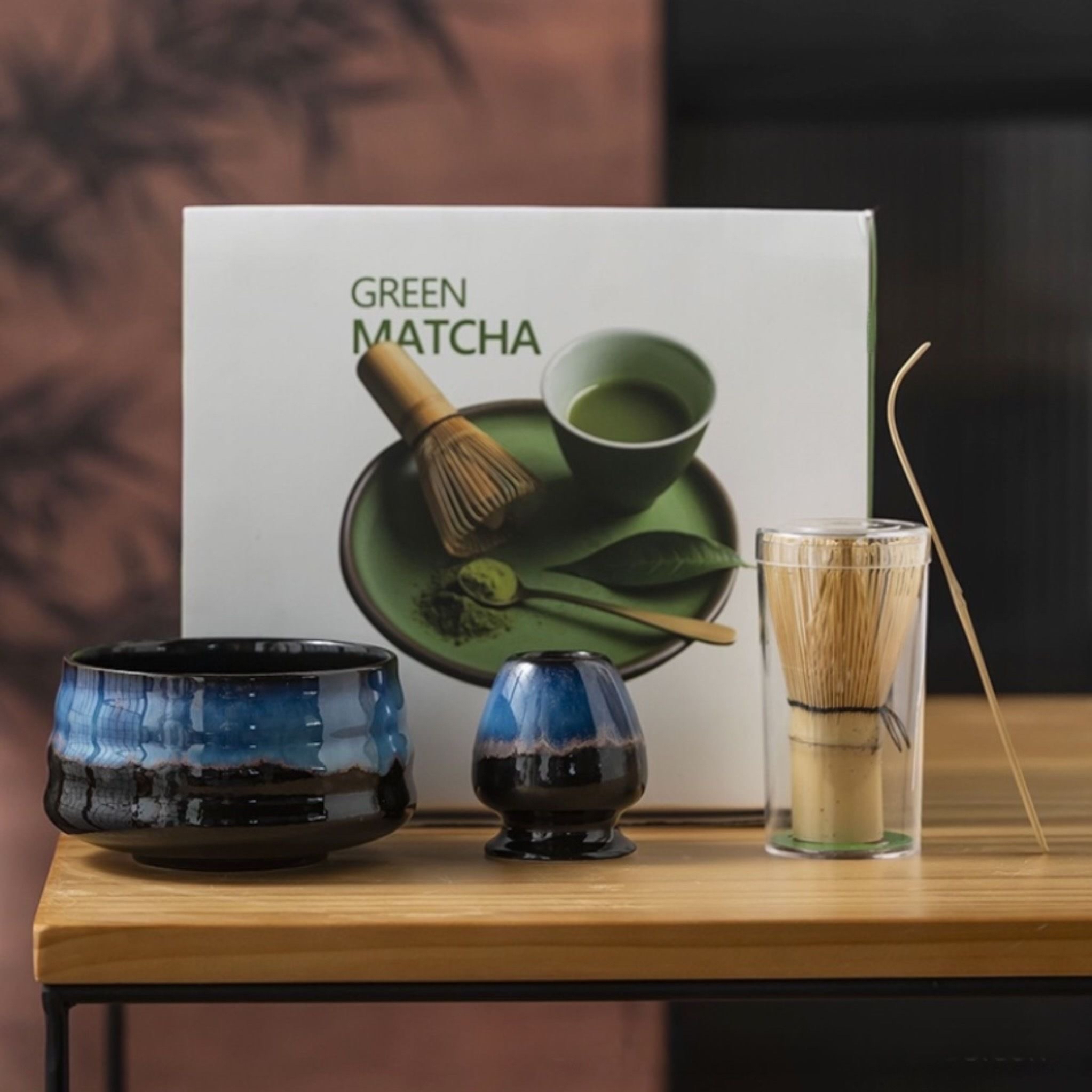 【4件套】日式抹茶具套裝帶嘴 茶筅和茶撥  - 窯變藍 