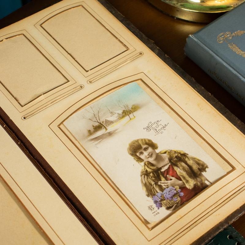 Rare Antique Signed 1904 Brown Leather Cover with Bird Embellishment Photo Album Book (MX014)