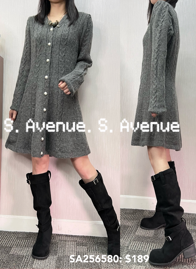 SA256580: 長袖V領有鈕織織花魚尾op