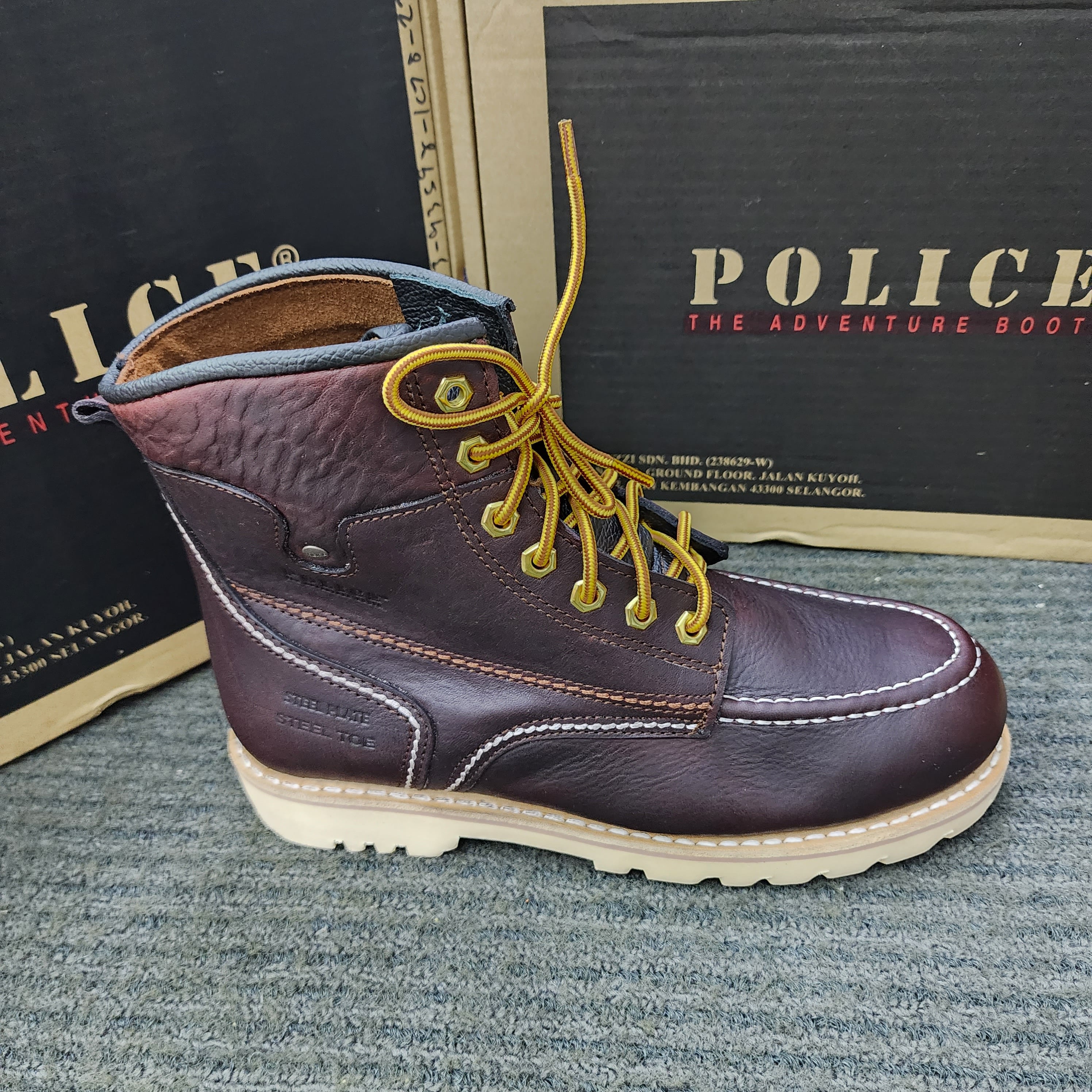 POLICE SAFETY 93598 Mid Cut Lace Up Safety Shoes leather Brown Maroon Kasut Keselamatan Kulit Tali Kasut Keselamatan