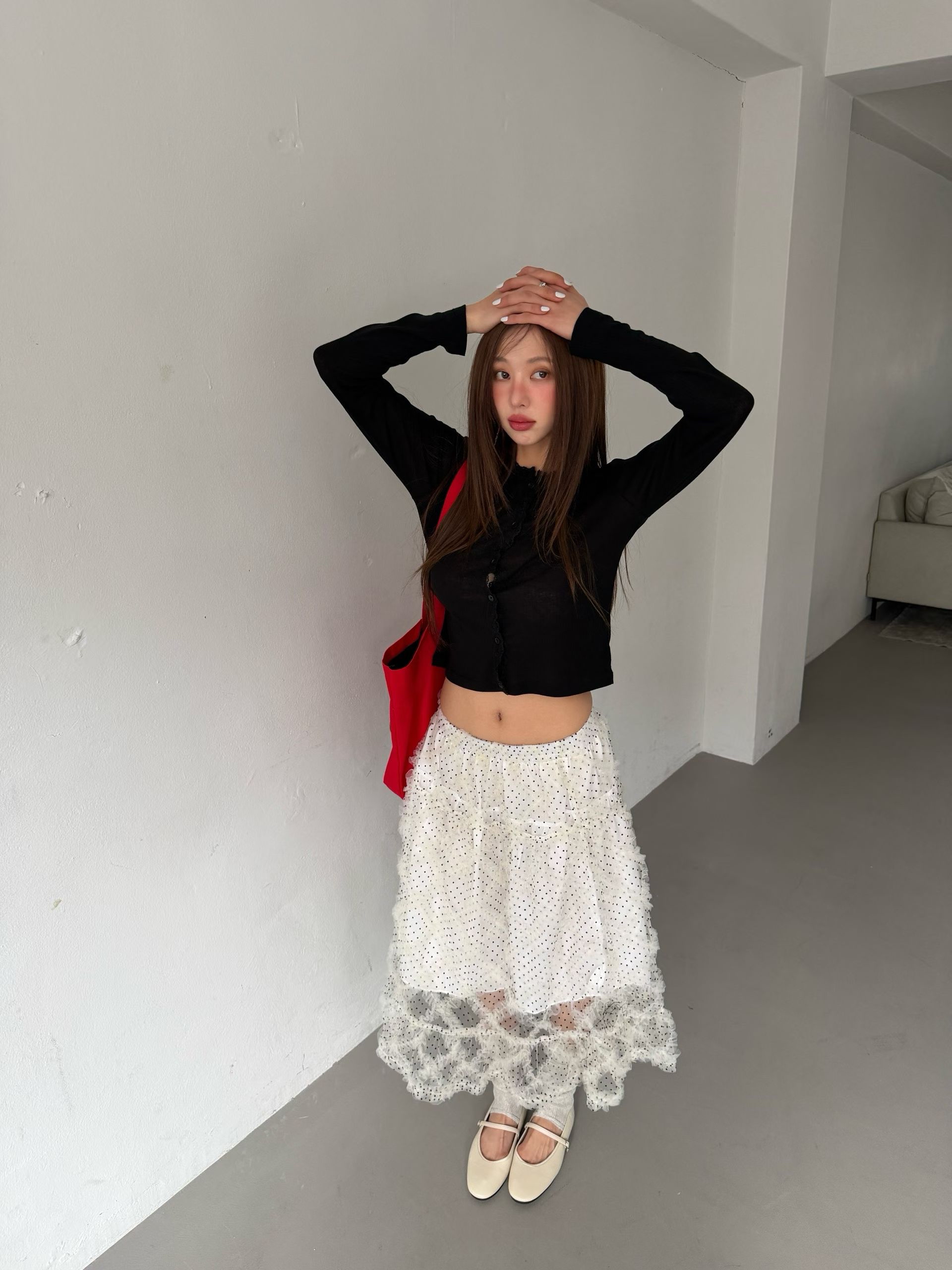 白色波點立體菱格紗紗skirt 