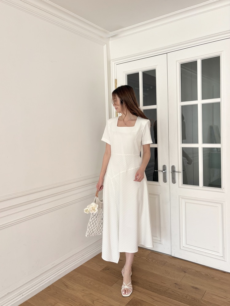 Asymmetric Striped Dress (Ivory)
