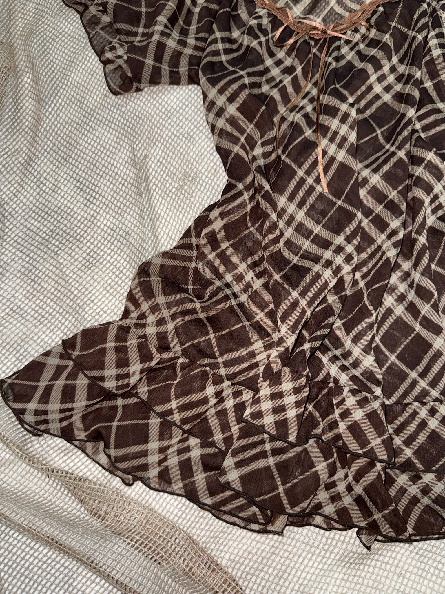 Brown Check Chiffon Lace Ribbon Bow Top