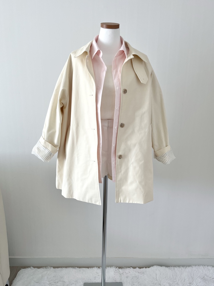 Stripe-Lined Relaxed Trench Coat (Cream)