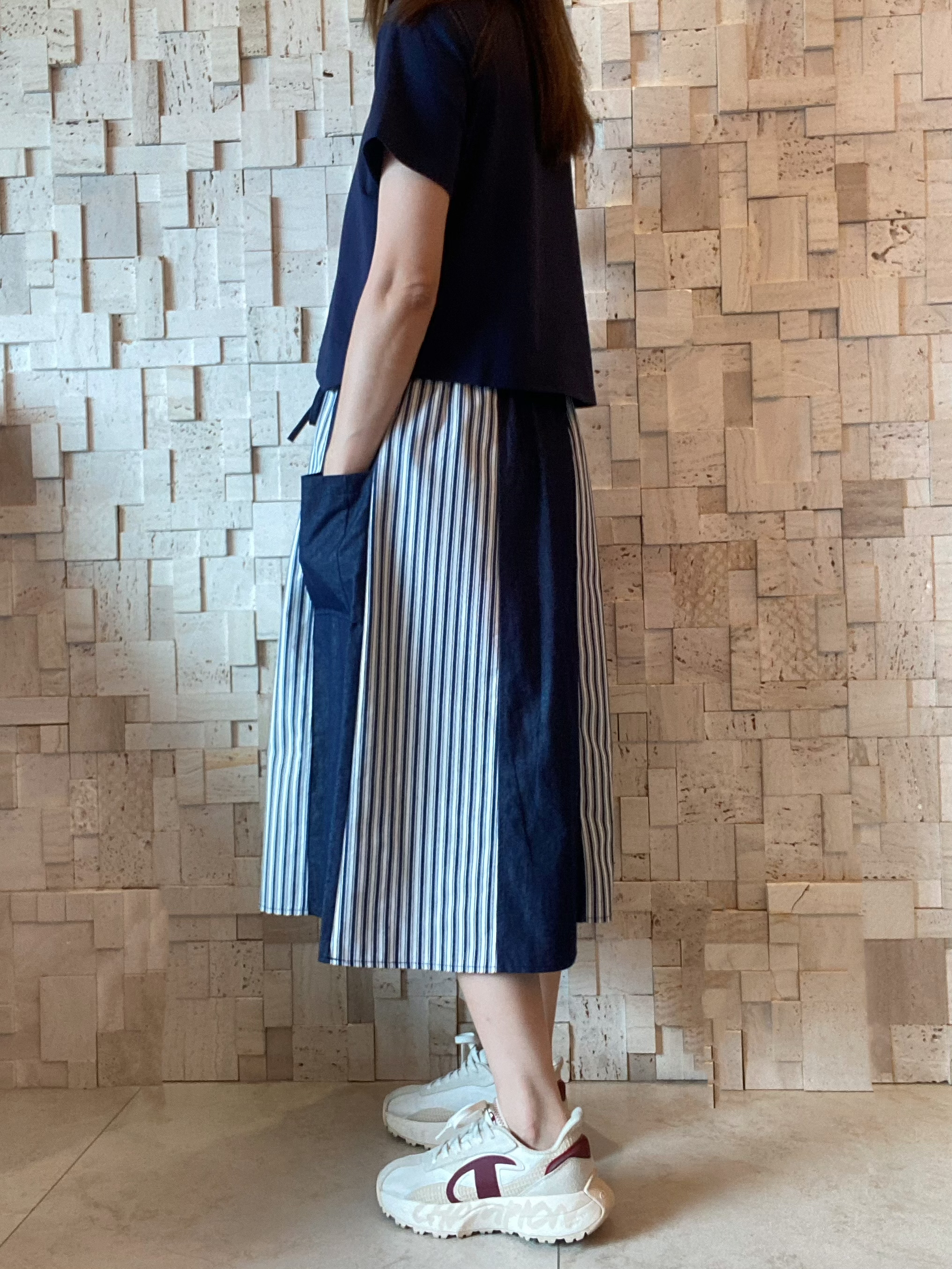 S00356 牛仔布拼條紋撞色Op