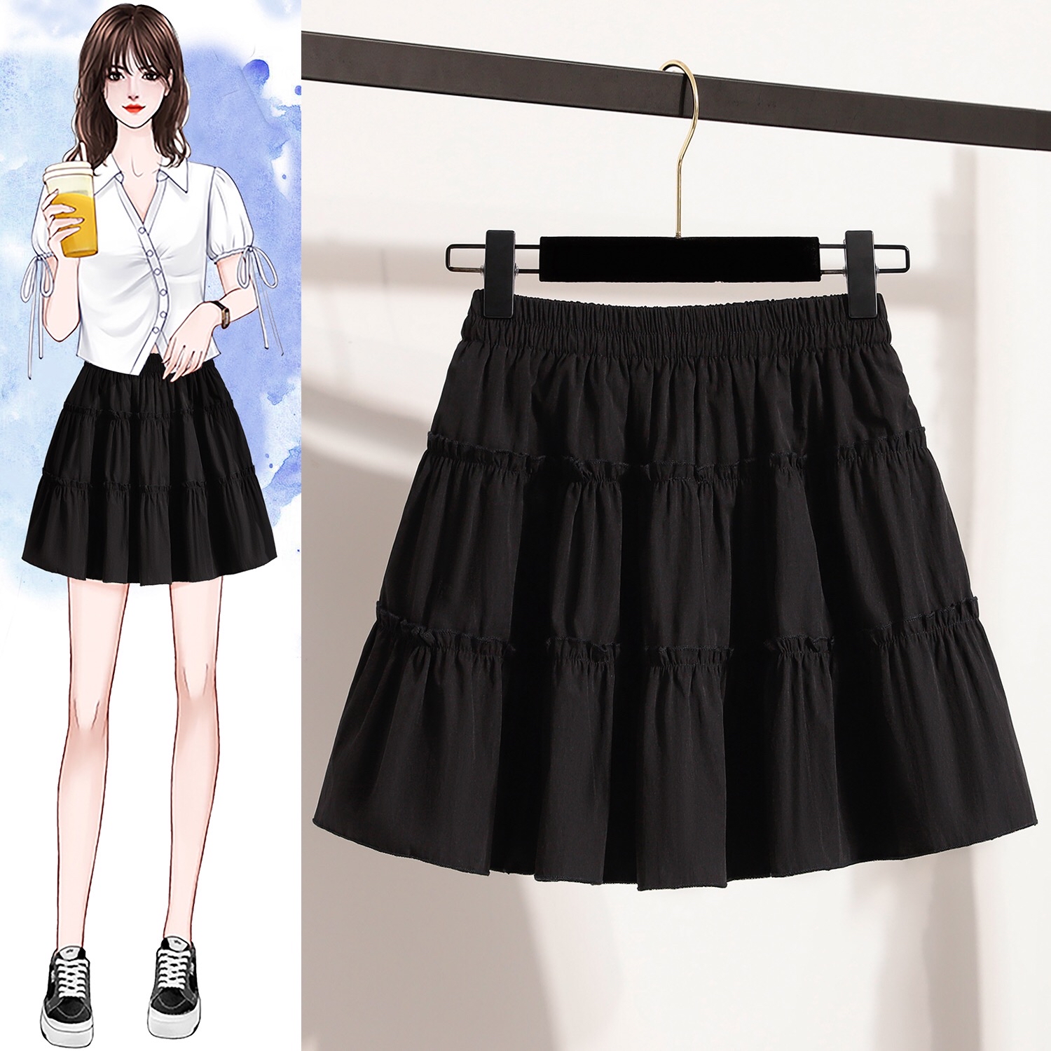 B73(5518) 韩版芭蕾风拼接荷叶蛋糕层黑白短裙 