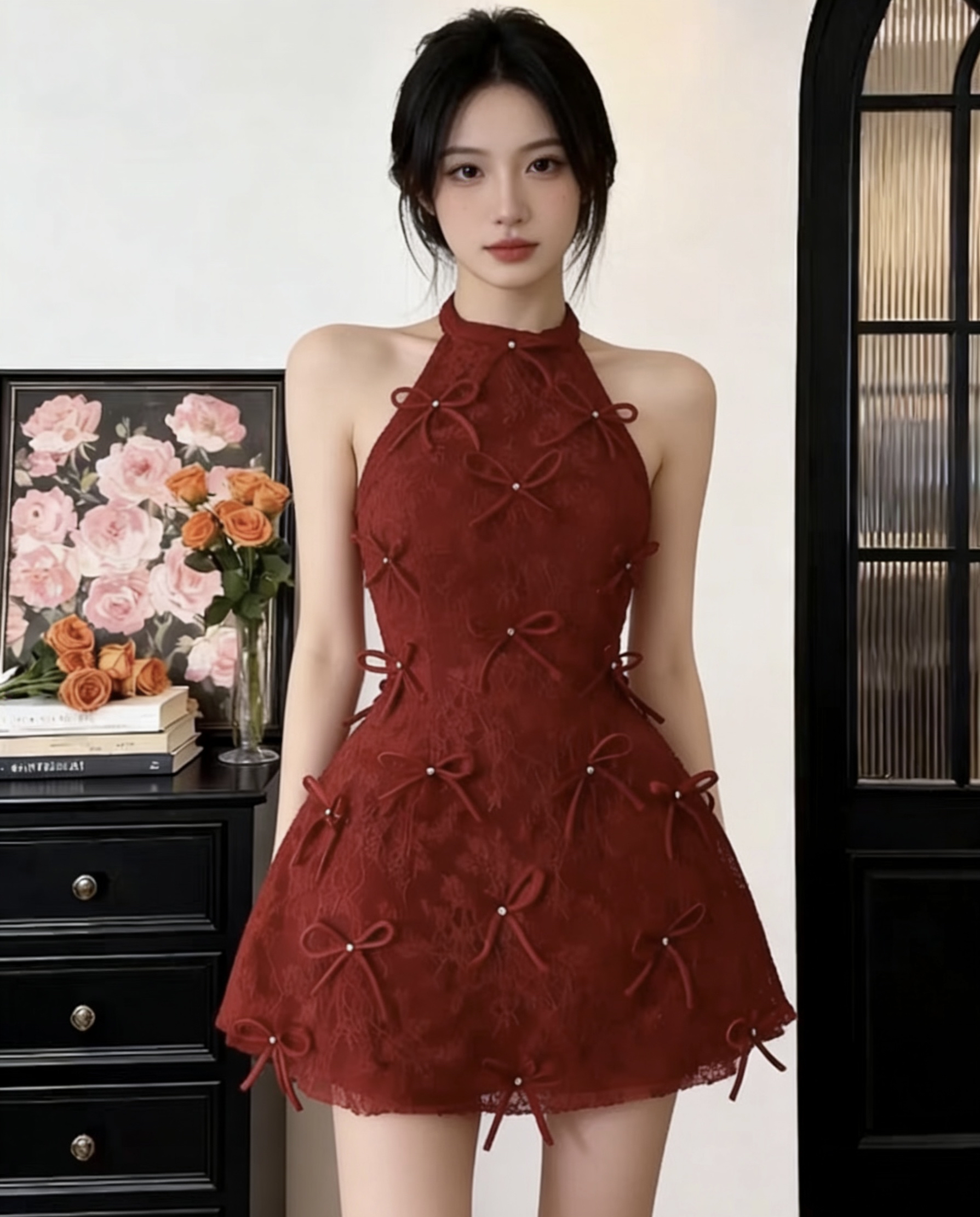 DR480蝴蝶结红色连衣裙