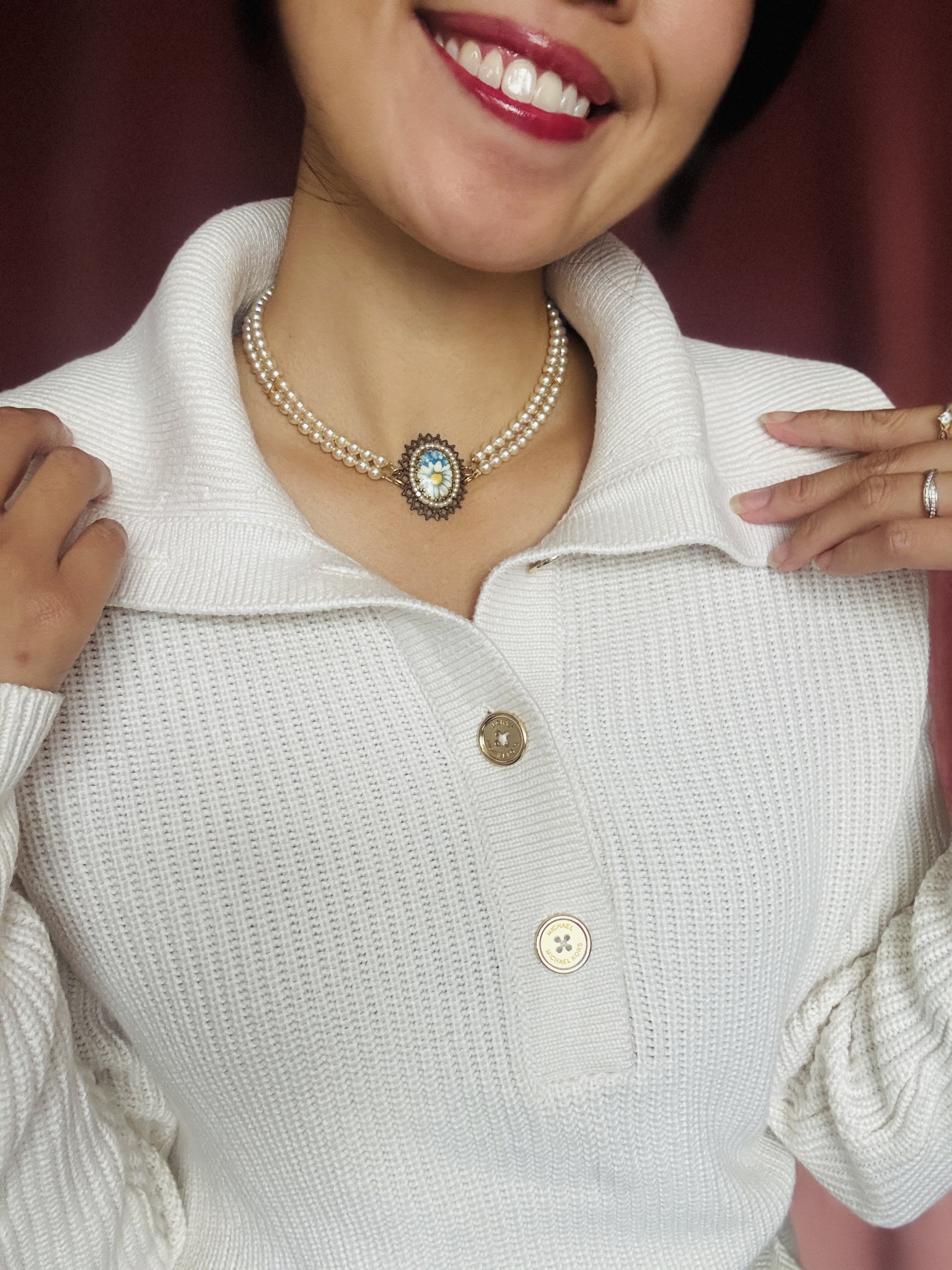 Vintage Recomposed Czechoslovakian Double-Row Glass Pearl Choker with Daisy Pendant (NZ122)