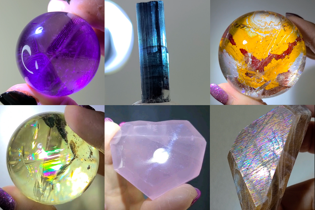 Healing crystal starter kit including clear quartz, amethyst, rose quartz, black tourmaline, citrine, sunstone, and hematite stones.
