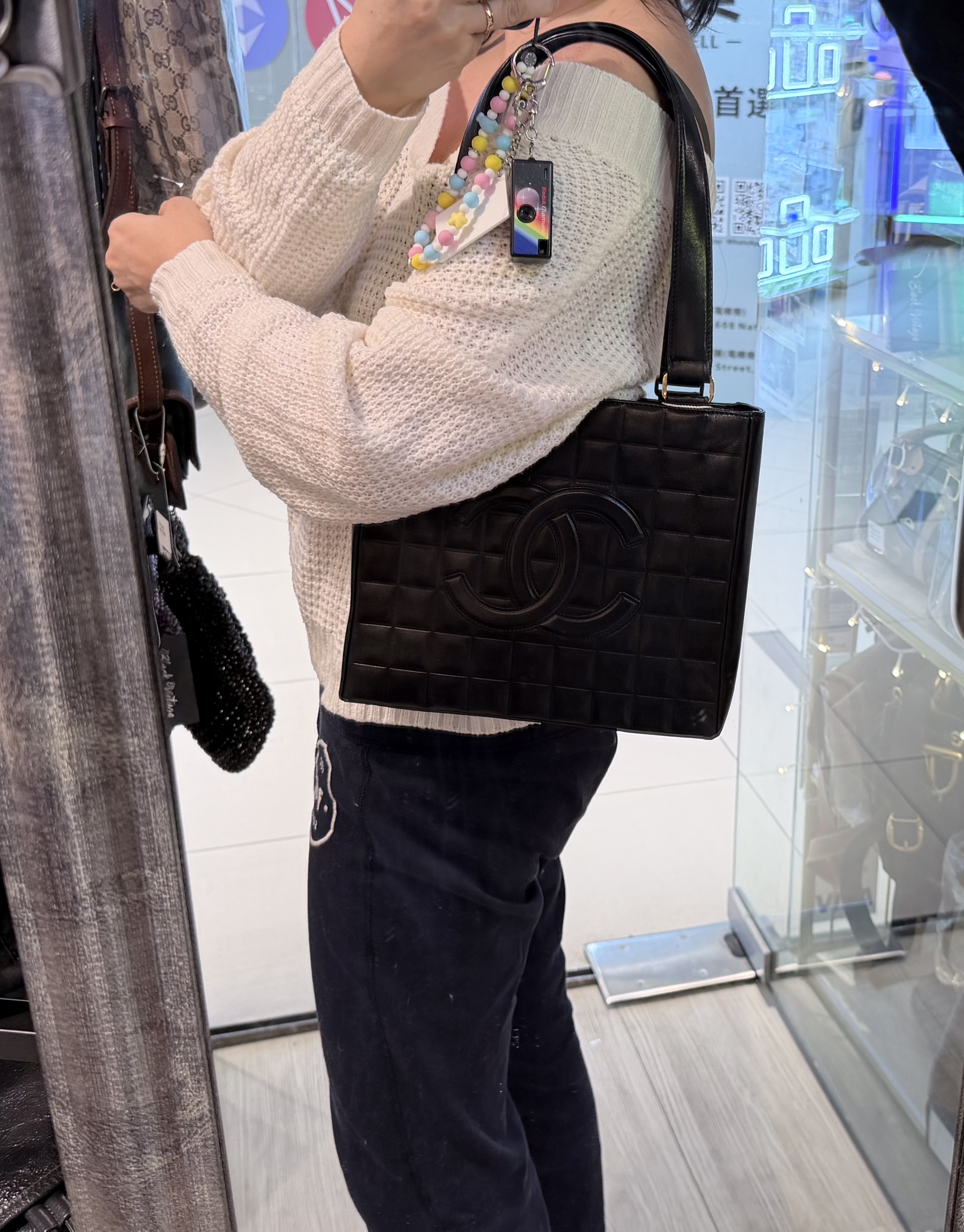 chanel chocolate bar black leather shoulder tote bag 