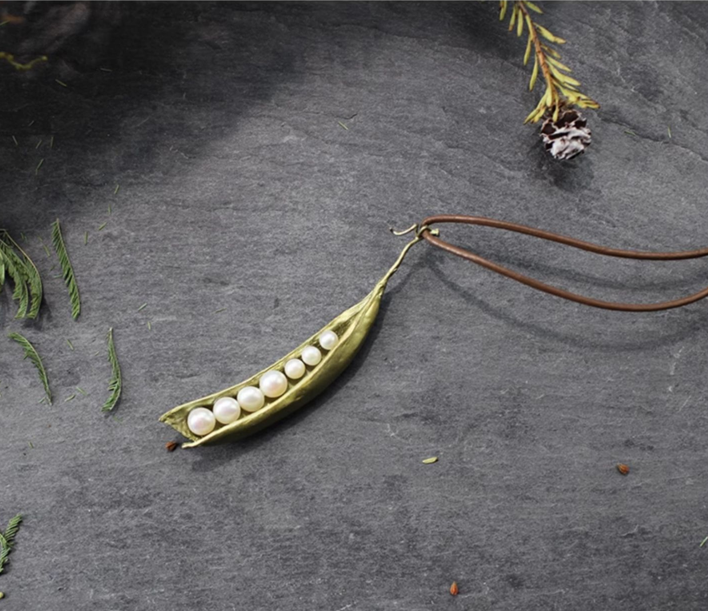 Pea Pod Pendant - 7 Pearls on Leather Cord