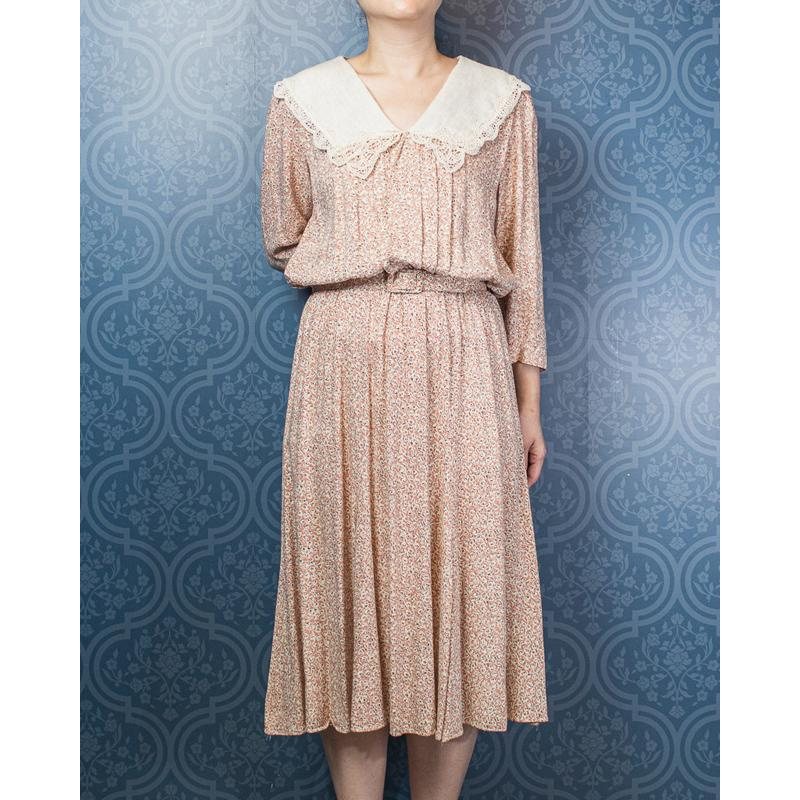 1980s Canadian Matinee Romantic White Rose on Pink Day Dress with Original Belt(MT765)