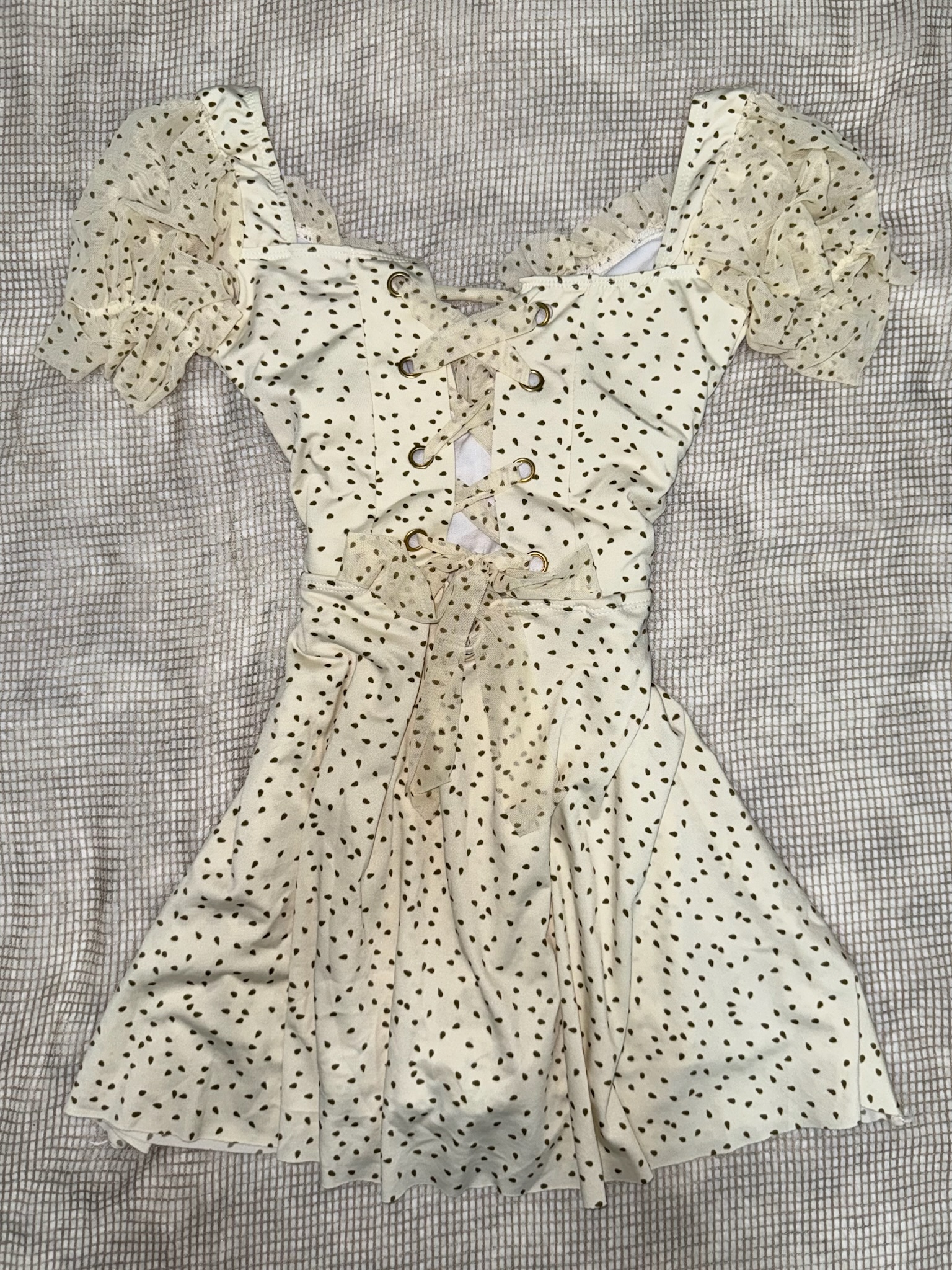 Polka Dot Ruched Bustier Dress with Mesh Sleeves