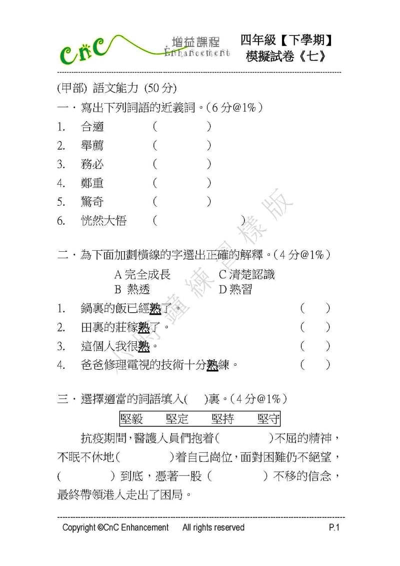  模擬試卷 (四年級)