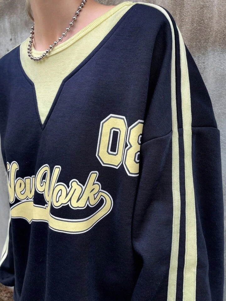復古學院風紐約字母撞色V領套頭衛衣