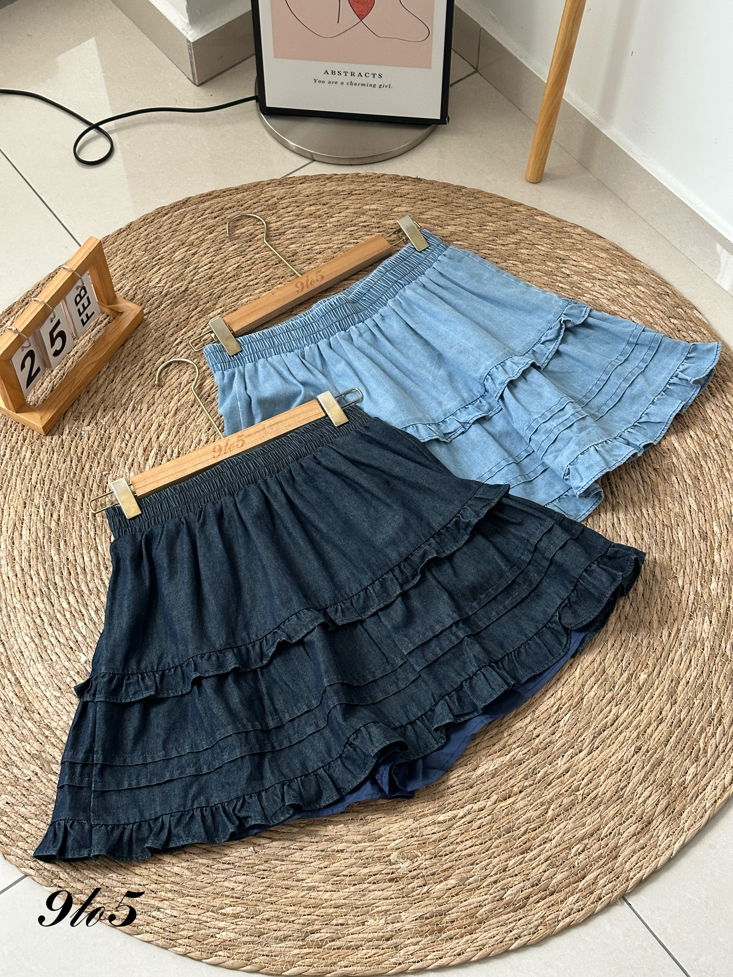 S1791 Denim Layered Short Skirt - Dark Blue & Light Blue