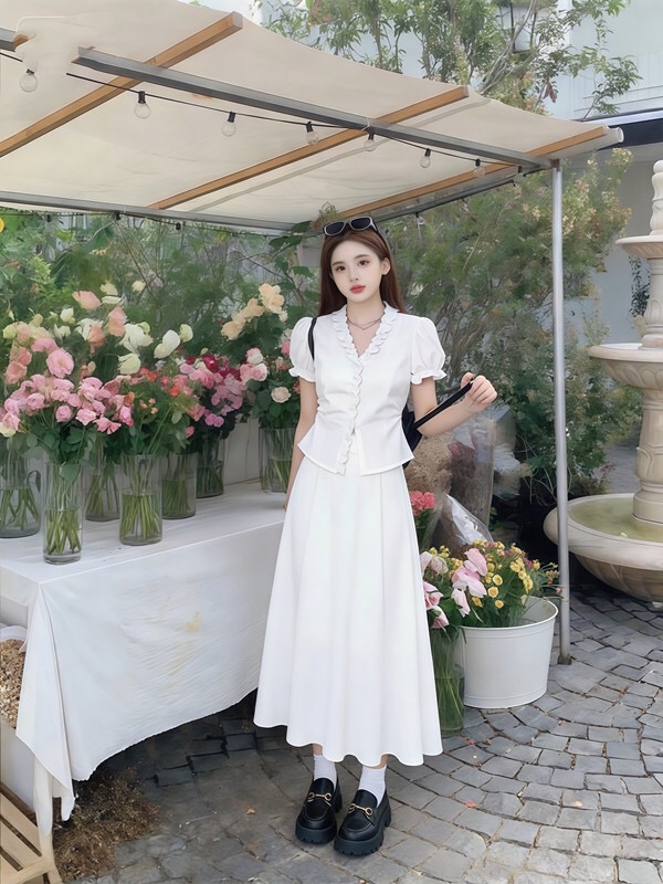 B111(9999) 韩系温柔甜美风拼V领前部木耳边上衣与长裙黑白套装