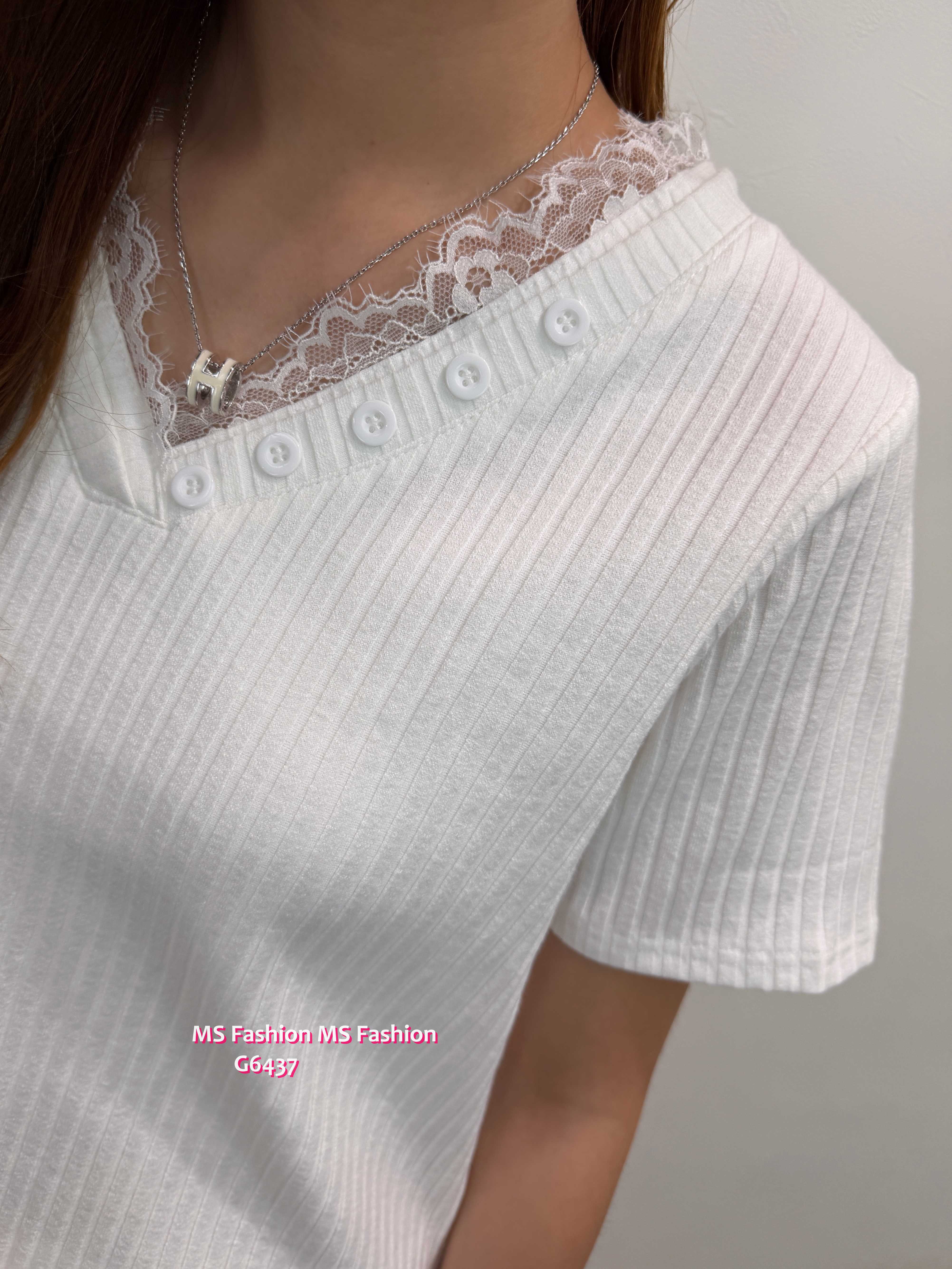 G6437 V領lace暗直紋top