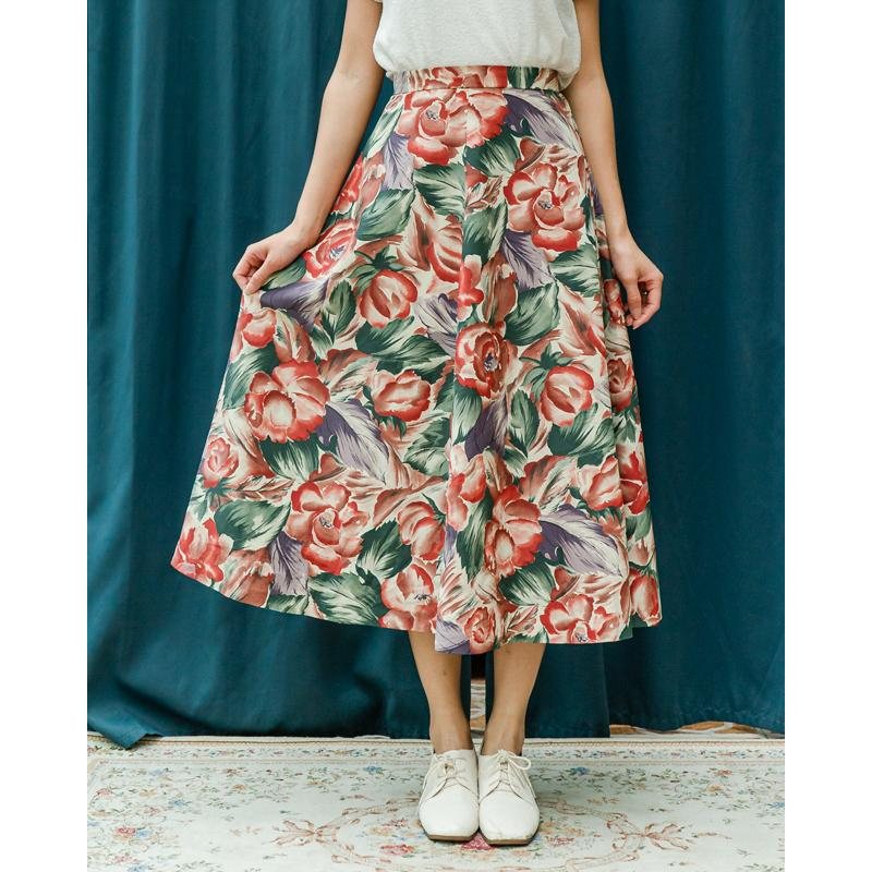 C.a.2000 Designed in Japan Artistic Rose Print Waist Tea Length Swing Skirt - 26"（MT1606-03）
