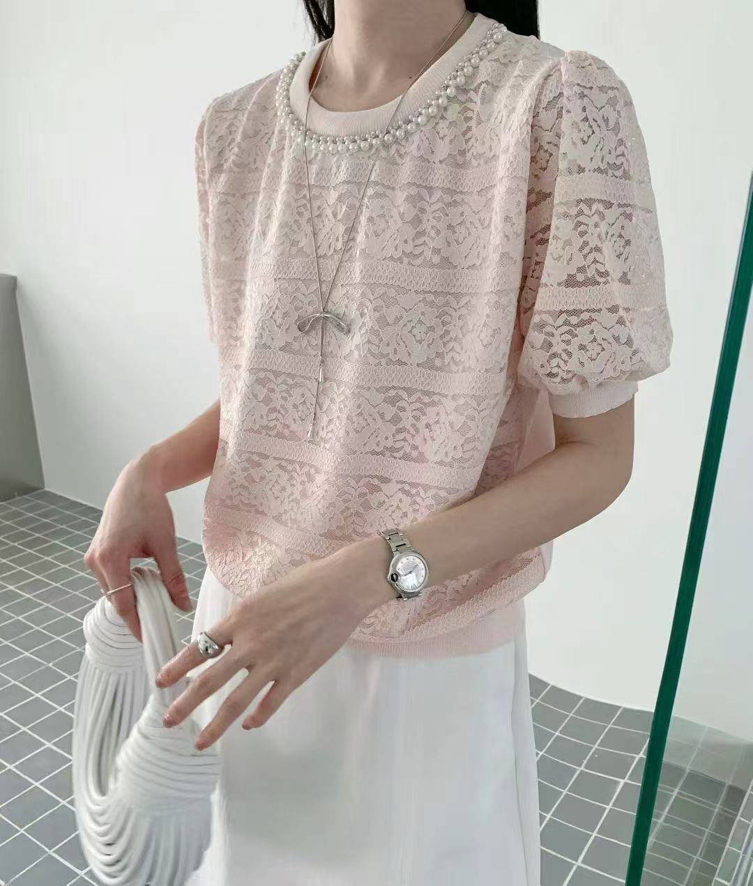 🌟高質蕾絲x針織料珠珠領top🌟