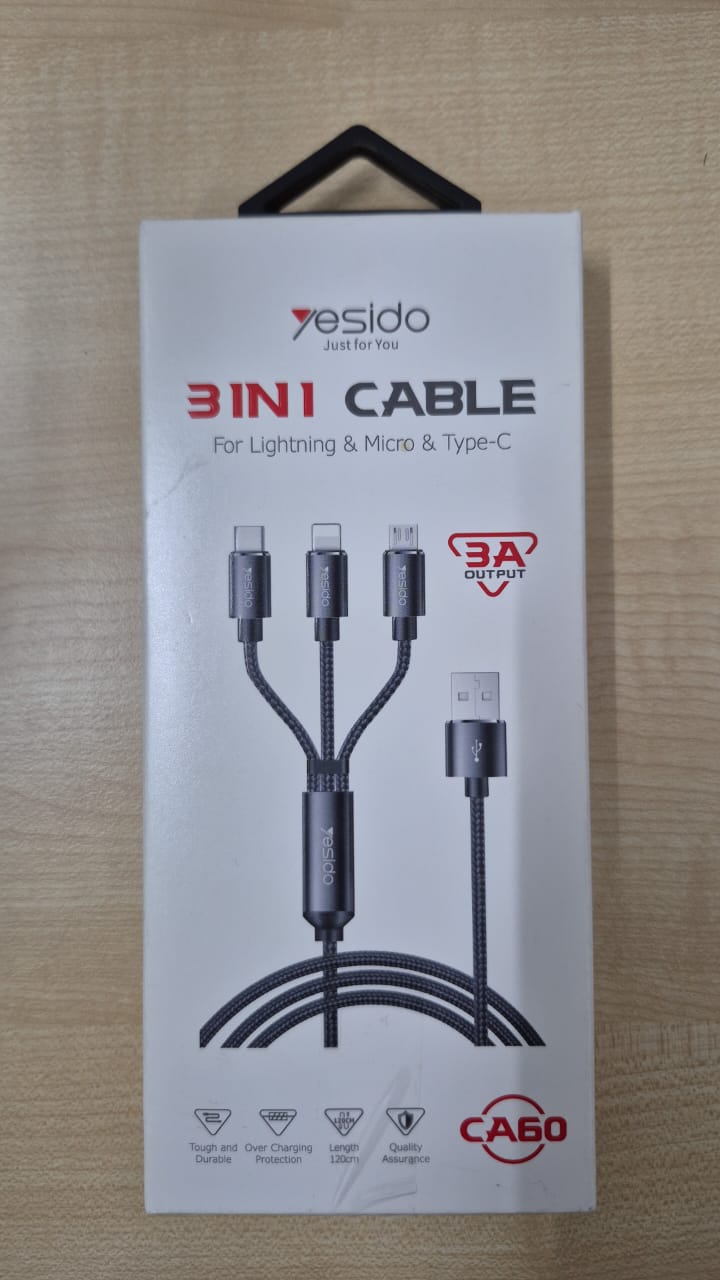 62356 Yesido 3A 3In1 Cable 1.2m Black CA60 