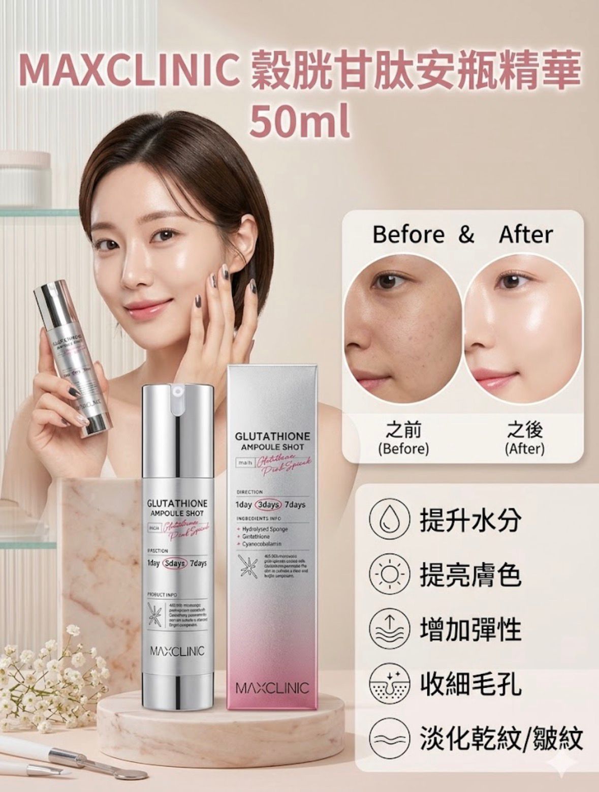 必白推薦$110支。Maxclinic 穀胱甘肽安瓶精華50ml