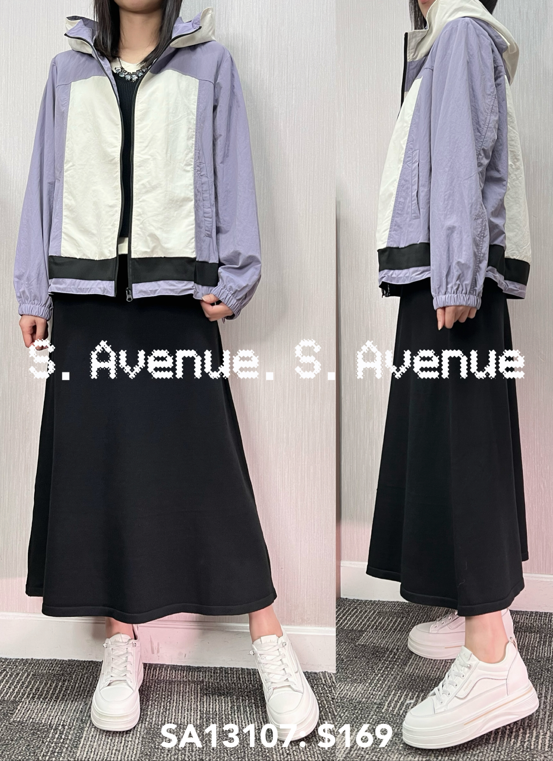 SA13107: 長袖有帽拼色拉錬外套