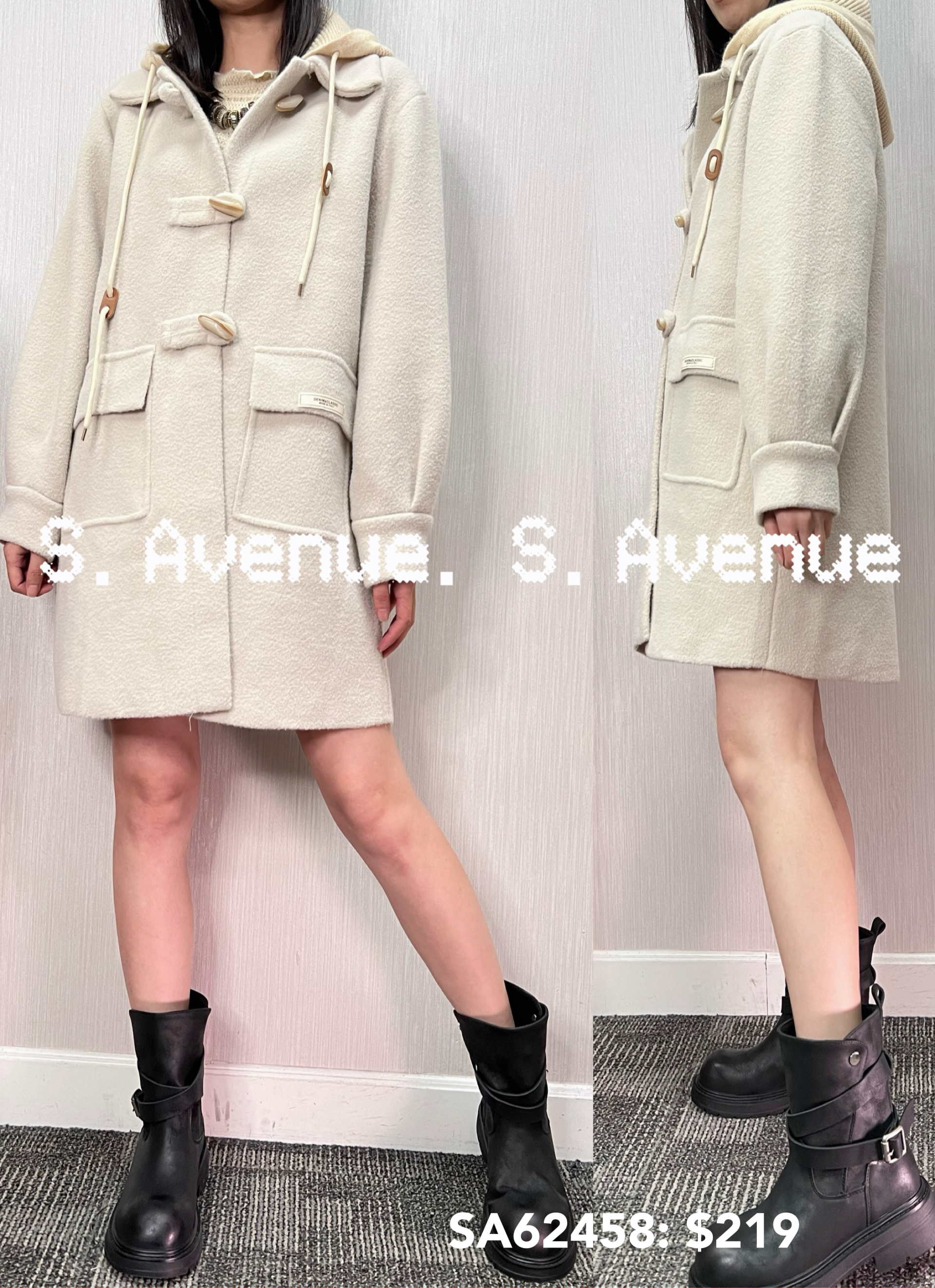 SA62458: 長袖長身牛角鈕有帽絨褸