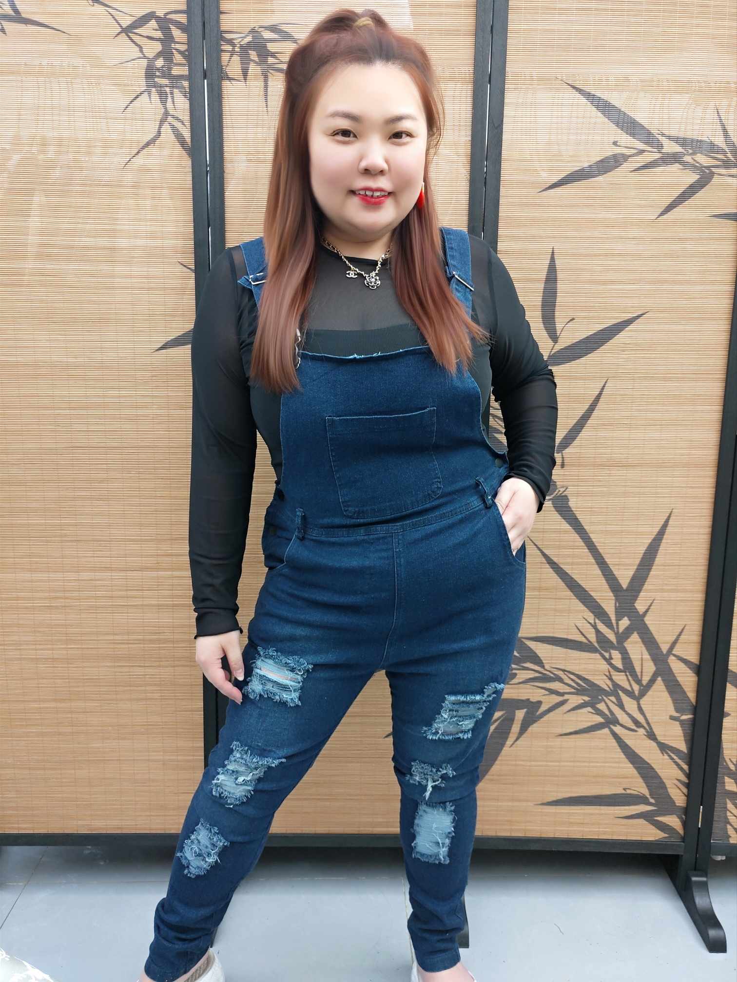 DDE14 TW#2209 破洞牛仔吊带长裤