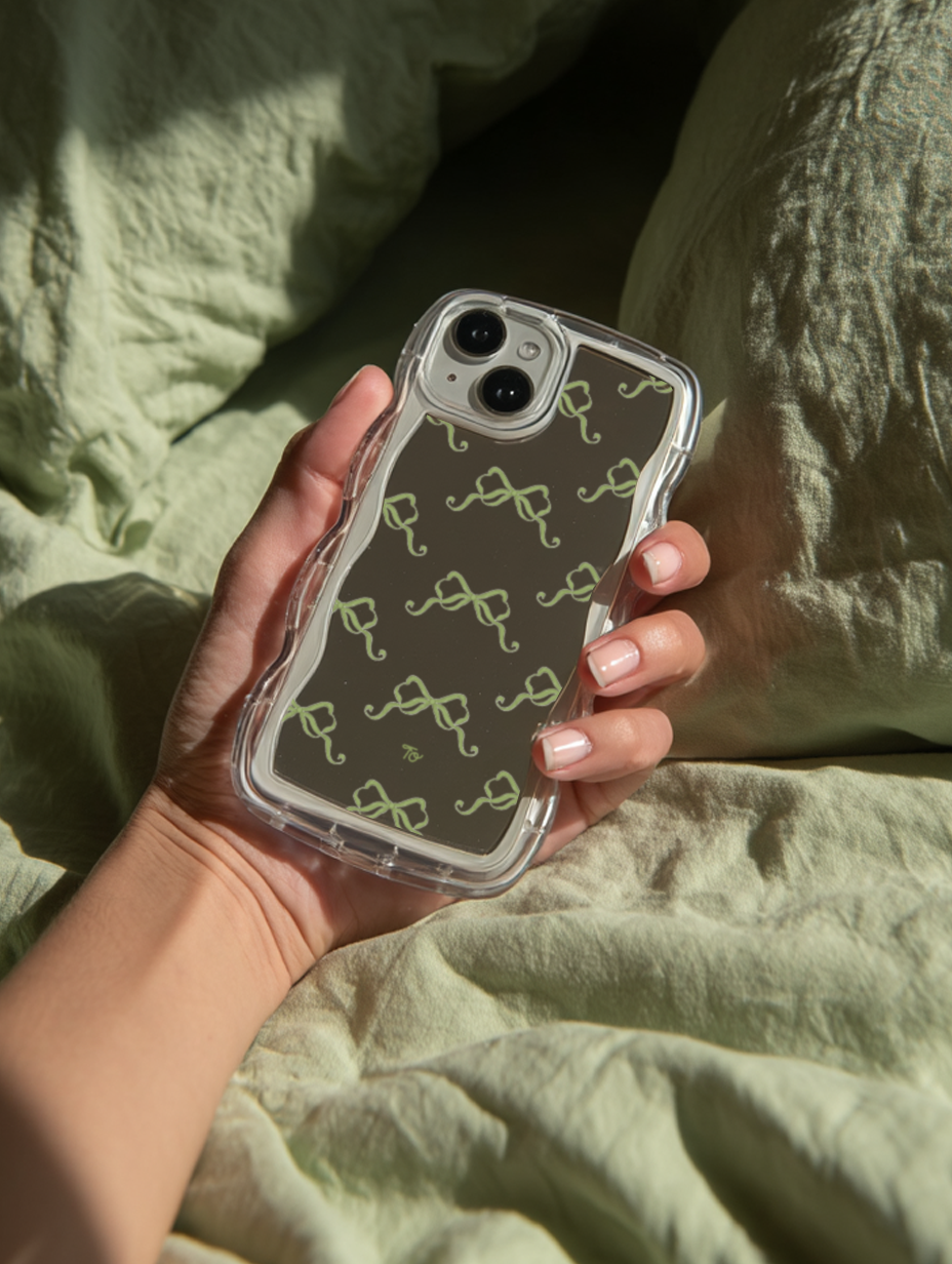 【Olive Green Ribbons in Full Printing】波浪邊框鏡面 iPhone Case