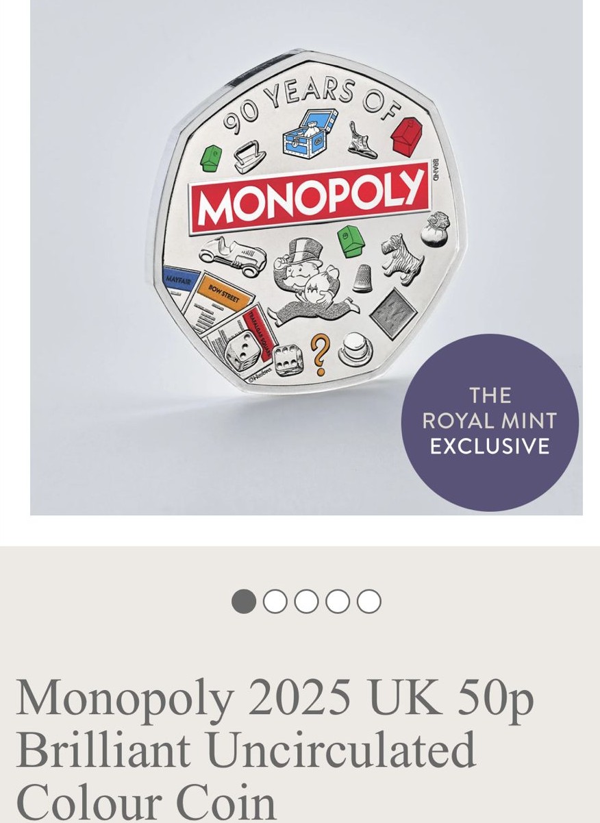 Monopoly 2025 UK 50p Brilliant Uncirculated Colour Coin (GC4026)