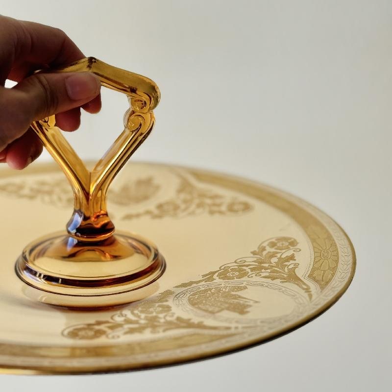 Antique 1920s Amber Glass Embossed Golden Castle and Scrollwork Pattern Large Cake Plate with Geometric Handle (MT2166)
