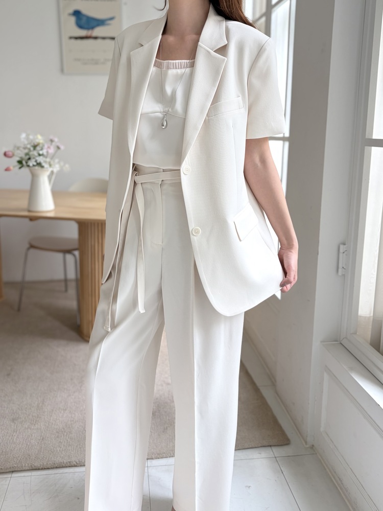 Aveline Belted Straight Slacks (Ivory)