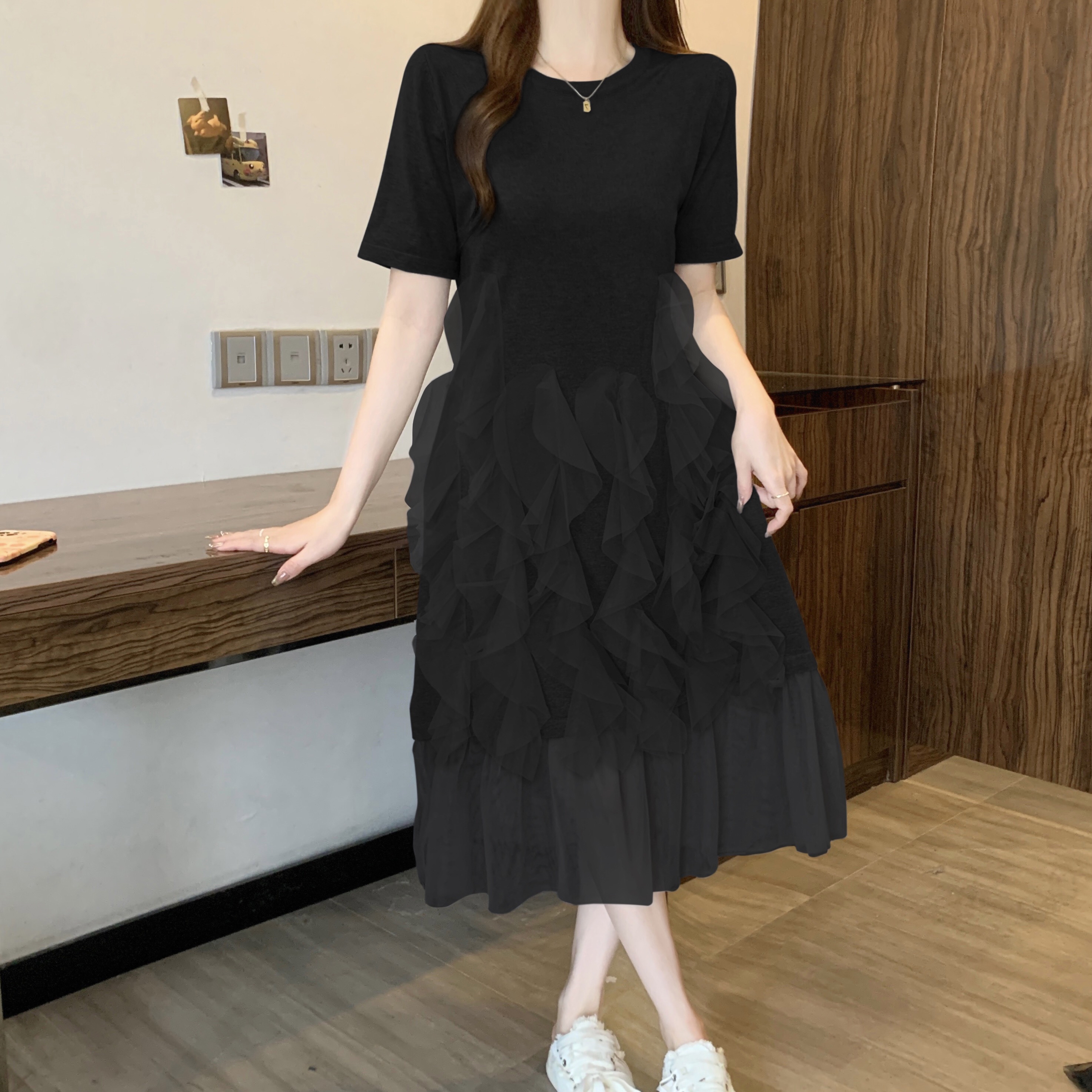 B190(6462) 韩版纯色圆领短袖拼接下摆不规则雪纺纱下摆黑灰针织连身裙