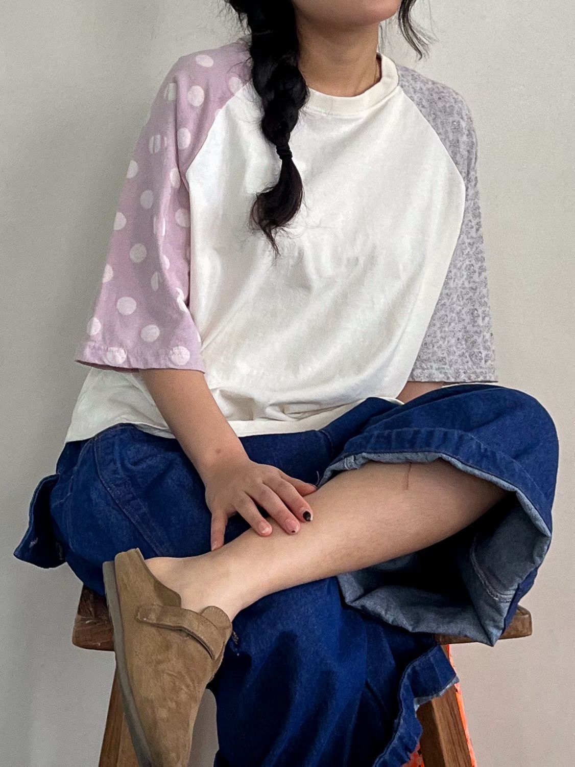 YA OX 併布袖子top