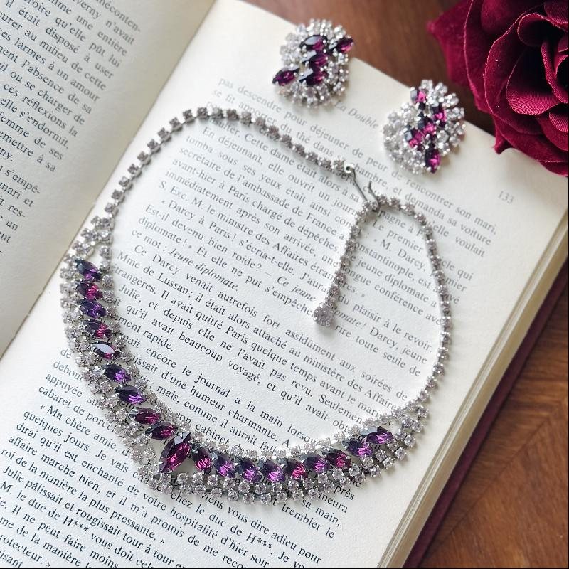 Preview - 1950s American Purple and Clear Rhinestone Rhodium Plated Clip Earrings and Necklace Cocktail Jewelry Set (MT2147)