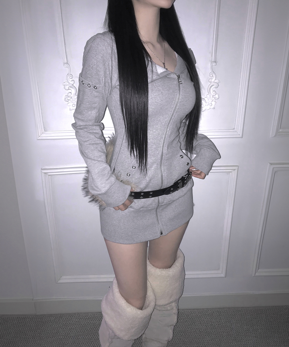 Zip-Up Hooded Eyelet Mini Dress