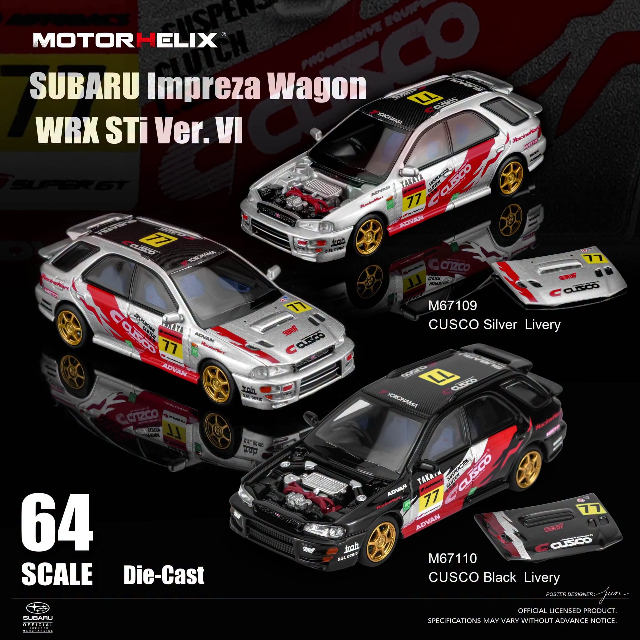 （預訂 Pre Order) MOTORHELIX (M67109) (M67110) 1/64 Subaru lmpreza Wagon WRX STi Version VI
