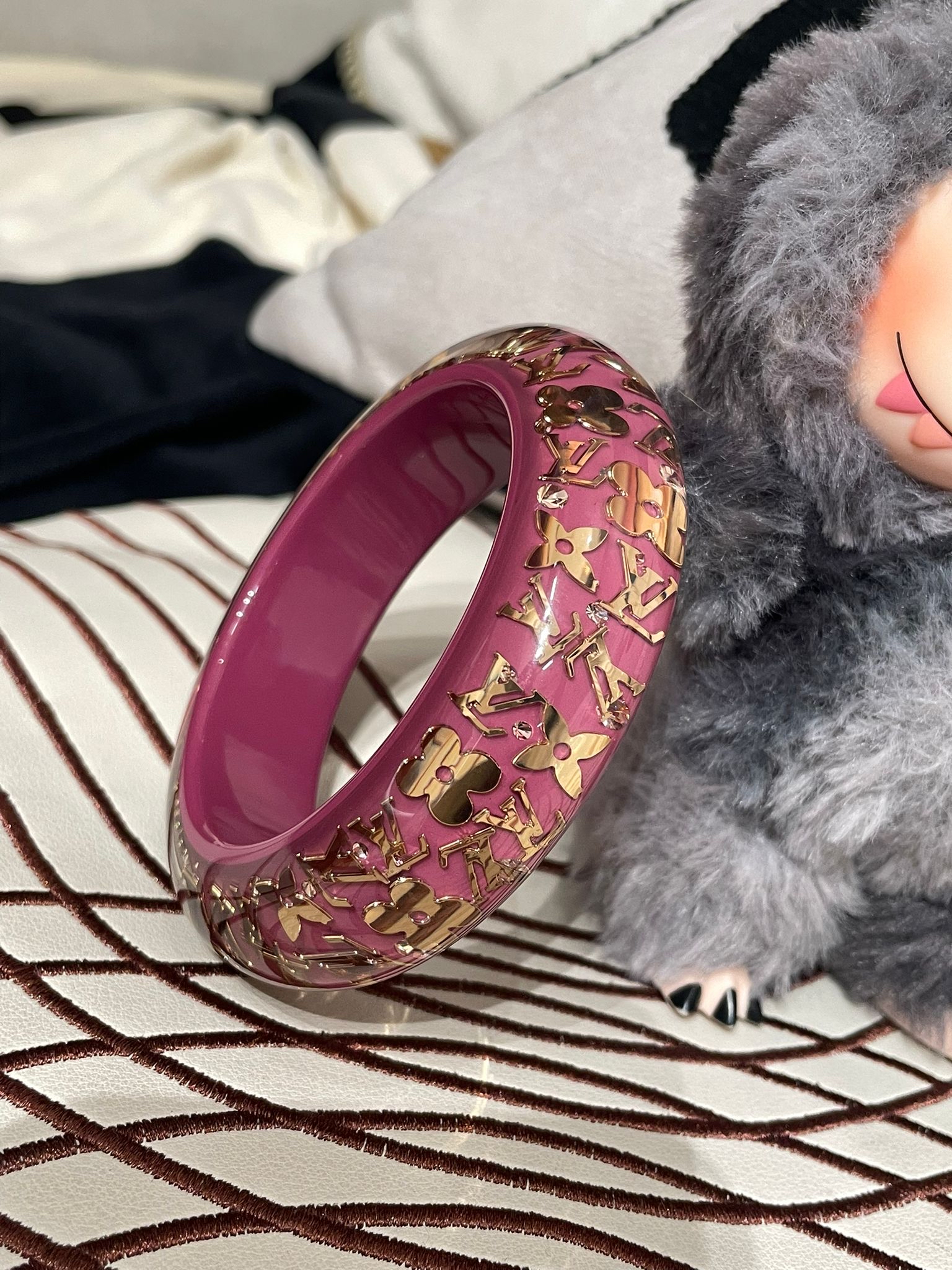 LV Resin Crystals LV Inclusion Gold Tone Bangle Bracelet 100%Authentic, 98%New