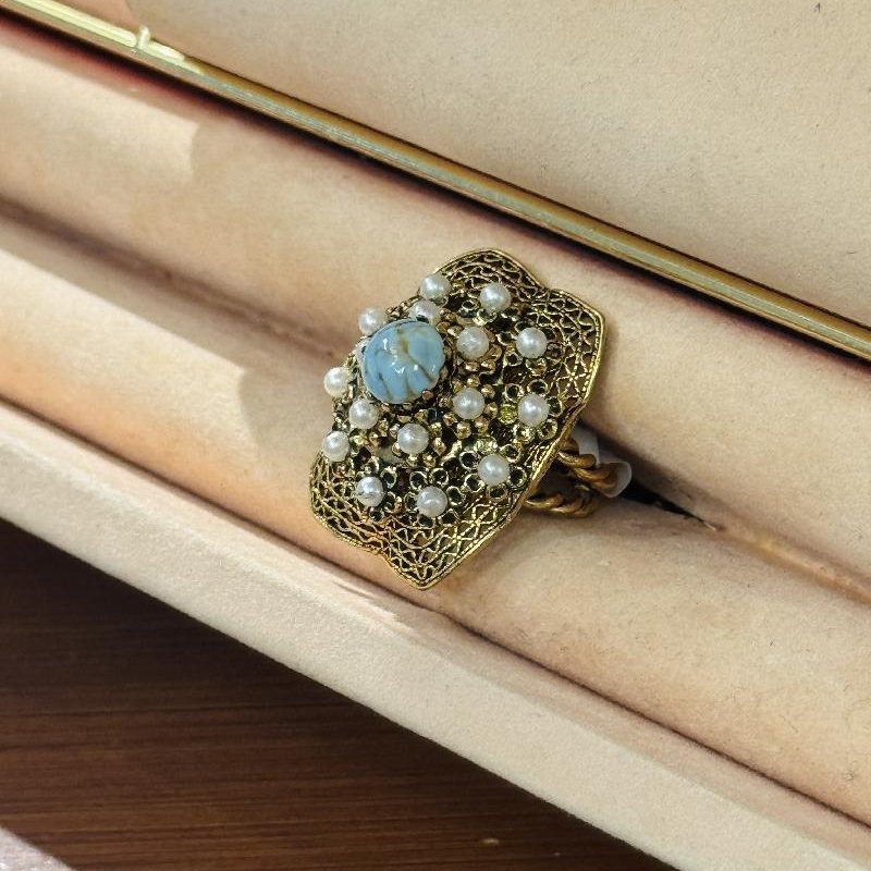 c.a. 1960s German New Old Stock Light Blue Glass Pearl Bead Ring - Adjustable size (C015)