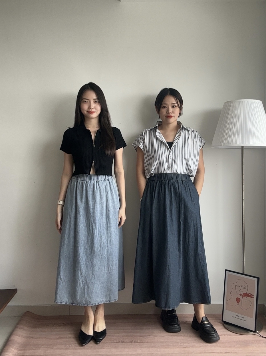 S1937 A Line Denim Skirt - Dark Blue & Light Blue