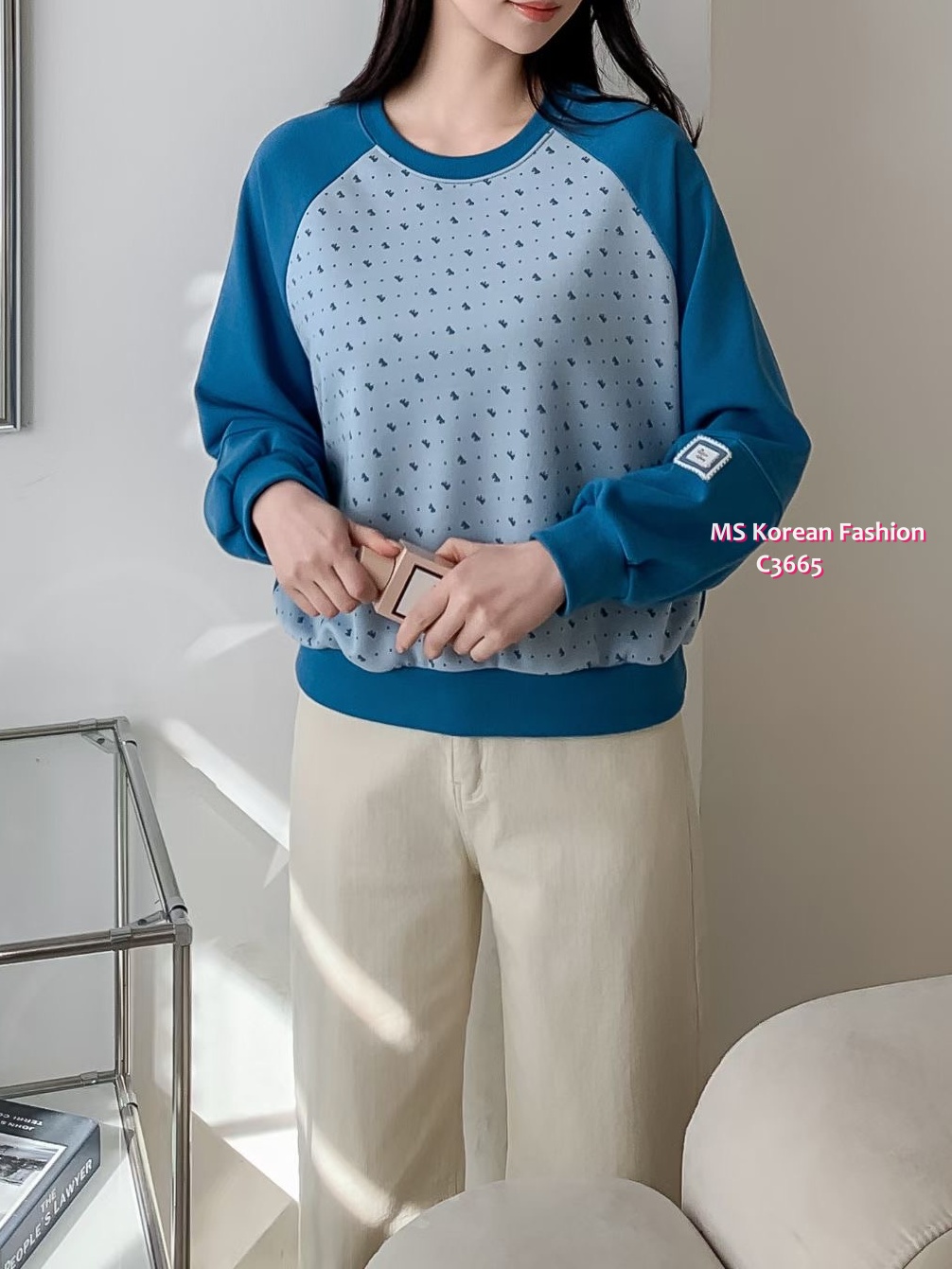 C3665 韓國🇰🇷小蝴蝶結圖案拼布top