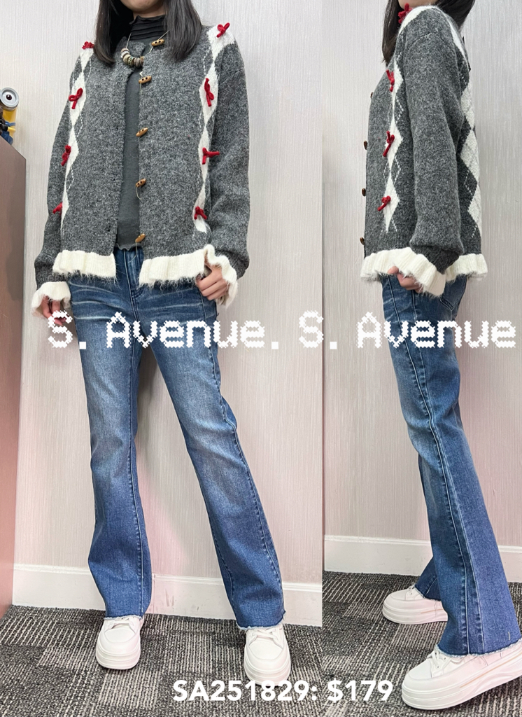 SA251829: 長袖側菱格圖案蝴蝶結冷外套