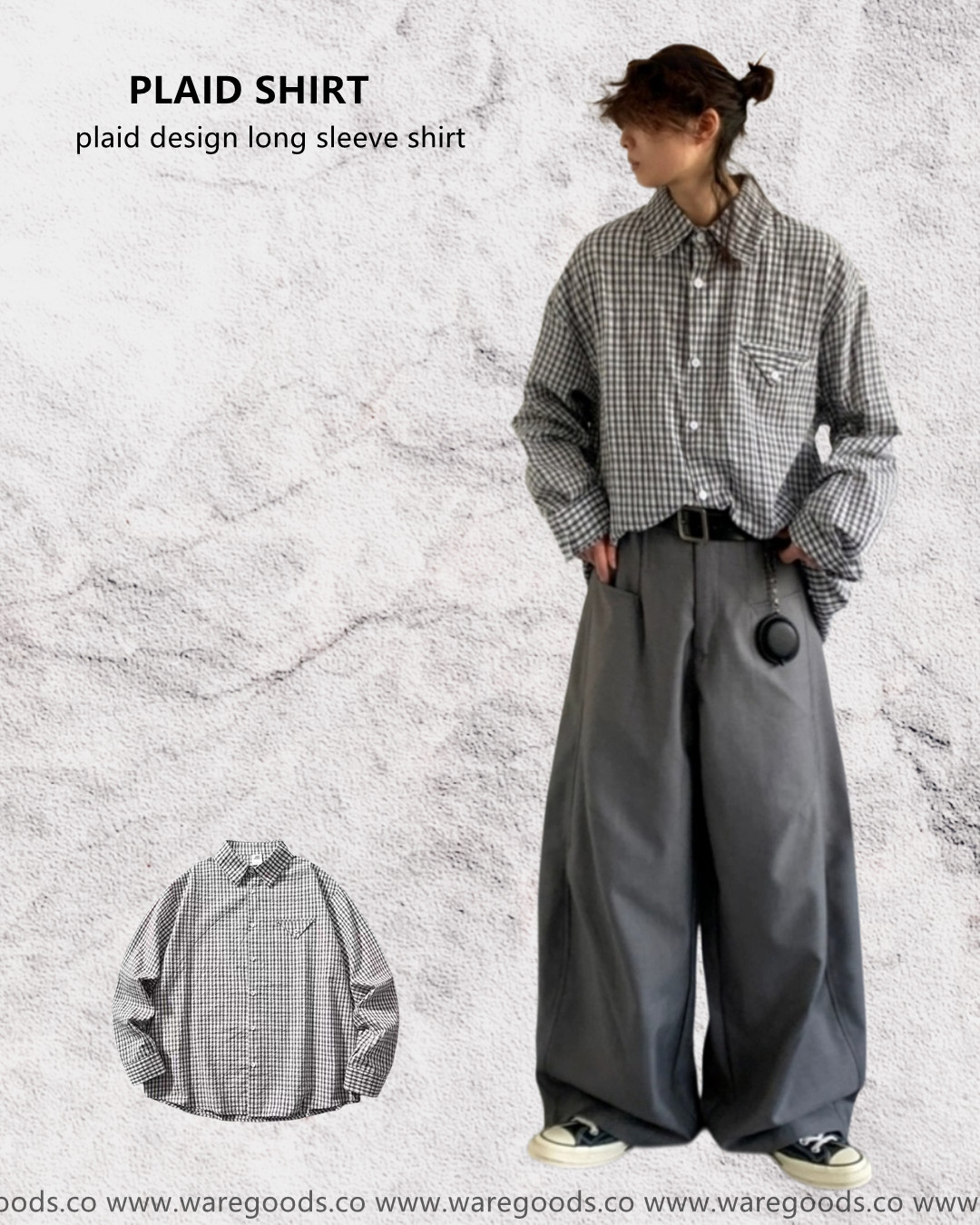 W193格紋翻領長袖恤衫