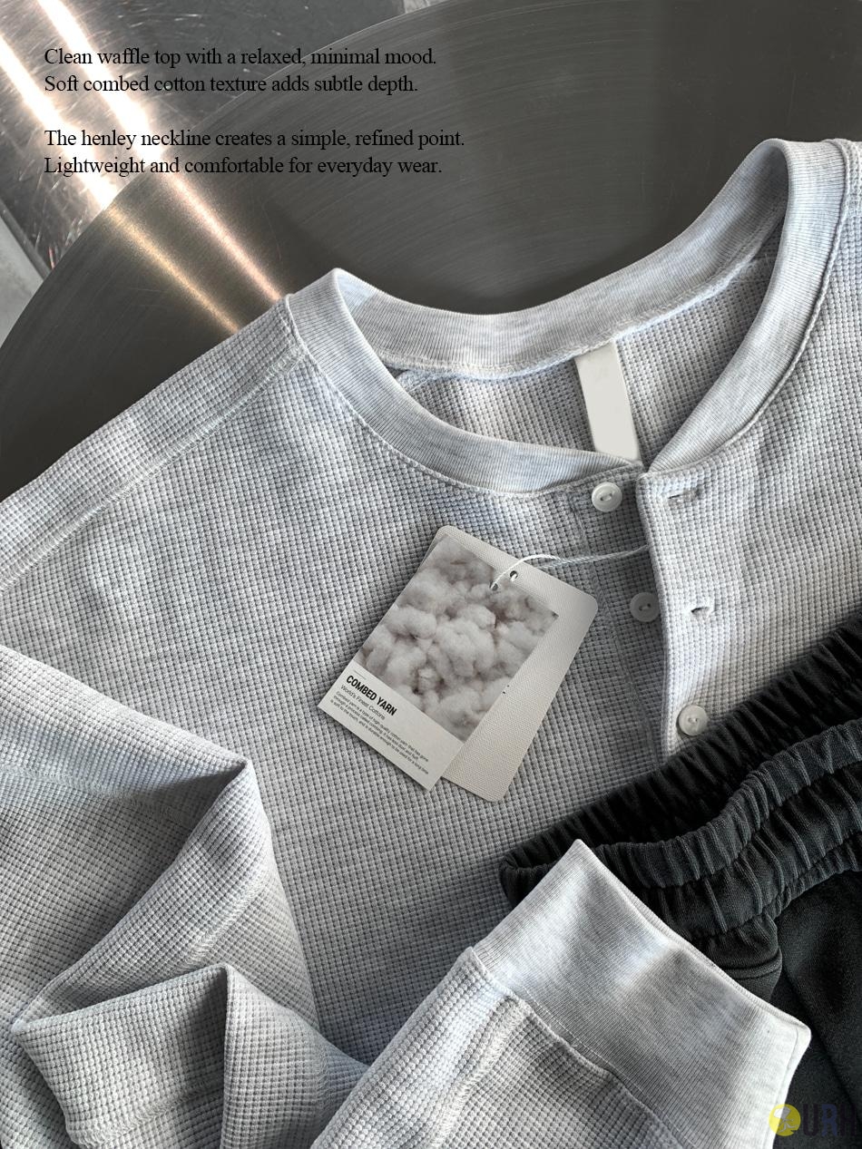 【100%保證韓國直送】高品質精梳棉立體坑紋挺闊寬鬆亨利領長袖 Tee 👕 [5 color] RL114866