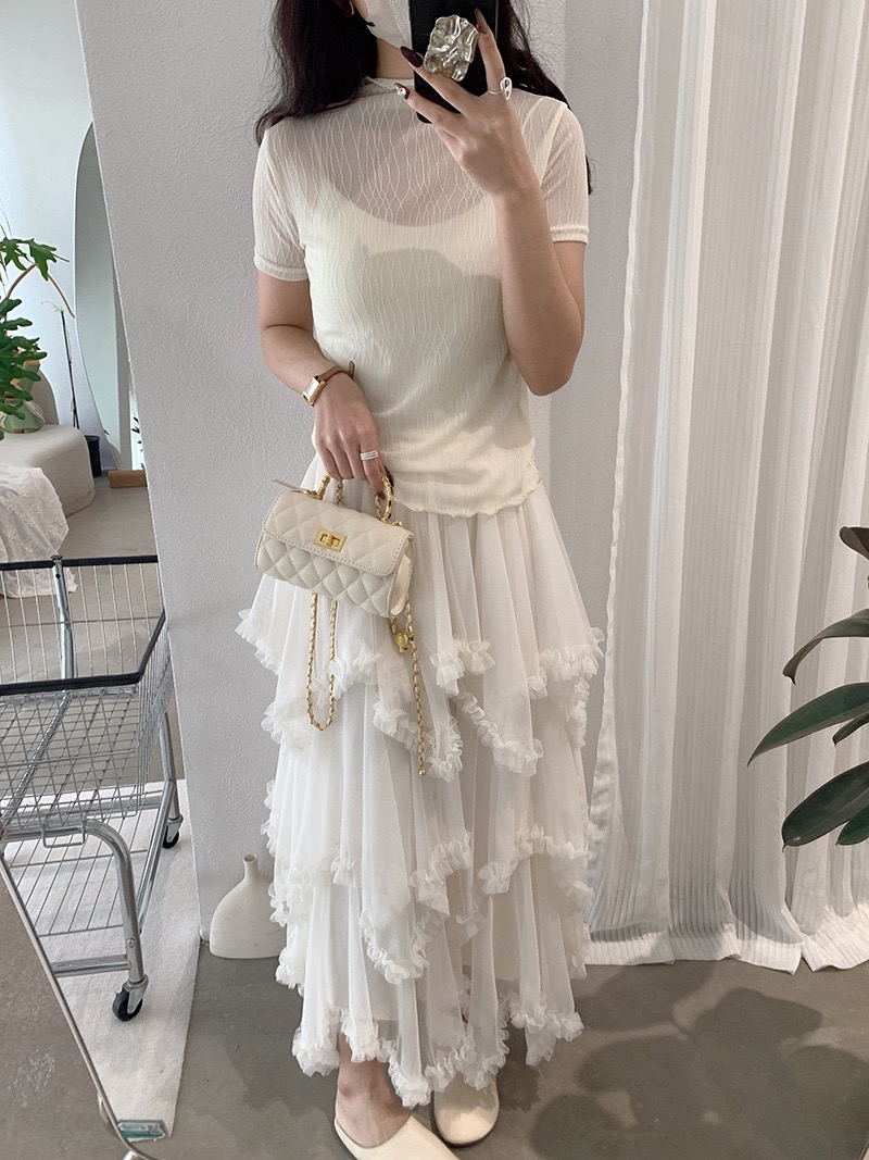 半高领微透性感纯欲风木耳边纯色上衣