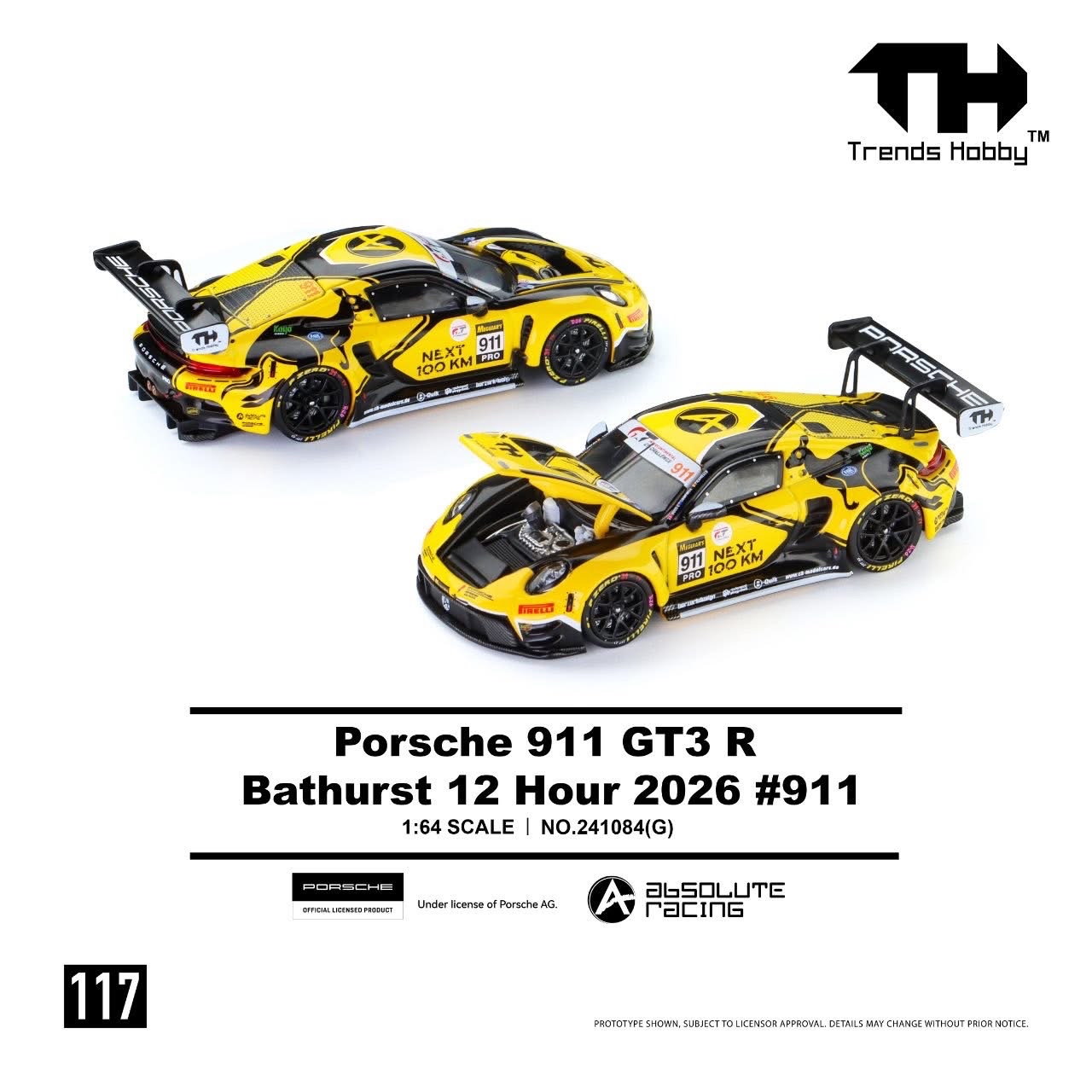 (預訂 Pre Order) Trends Hobby (241084(G)) 1/64 Porsche 911 GT3 R Bathurst 12 Hours 2026 #911 Yellow Livery 