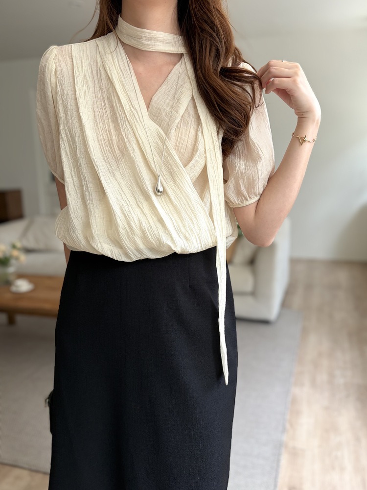 Louise Wrap Blouse with Tie (Cream)