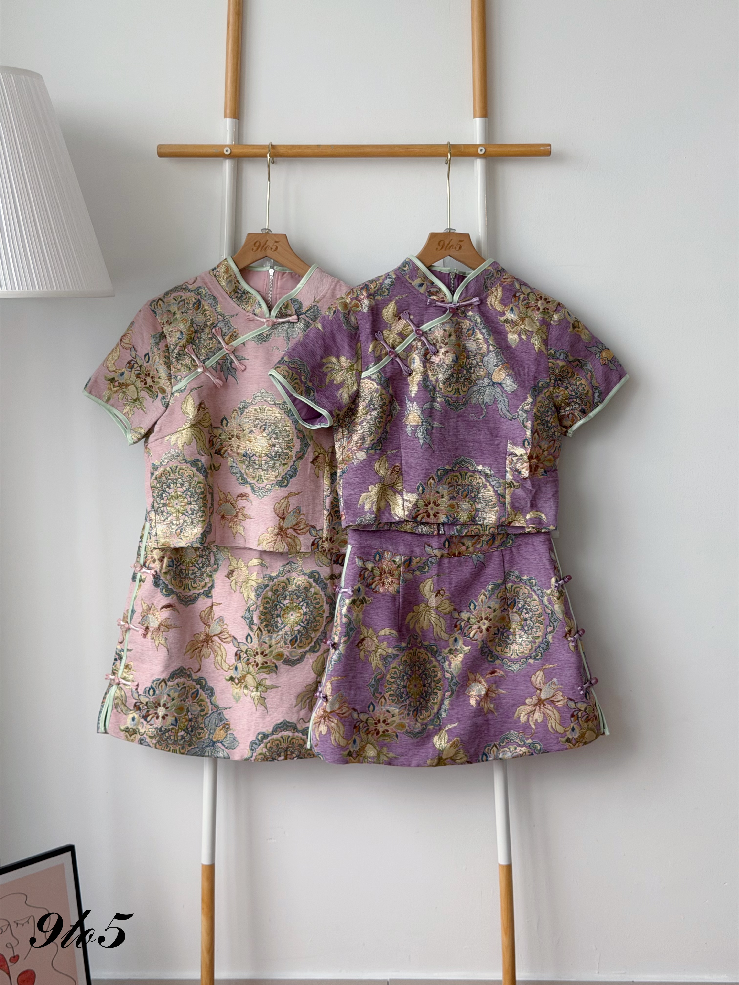 D2380 Floral Jacquard Cheongsam Set - Pink & Purple